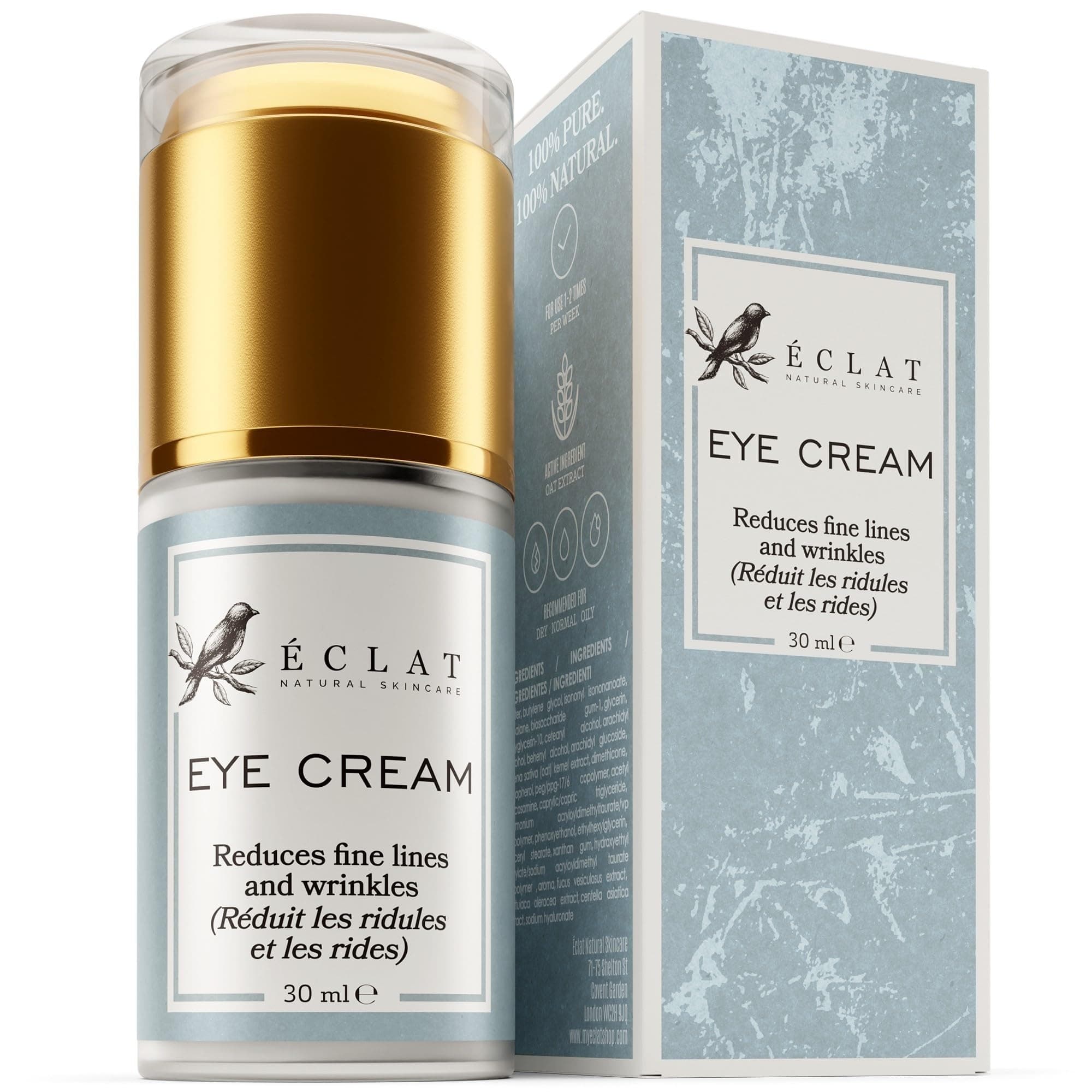 Eclat Skincare Under Eye Cream for Dark Circles & Puffiness – Anti Aging Formula for Wrinkles - Moisturizer for Fine Lines, Crows Feet & Eye Bags – Hydrating Treatment for Firming & Smoothing 30ml