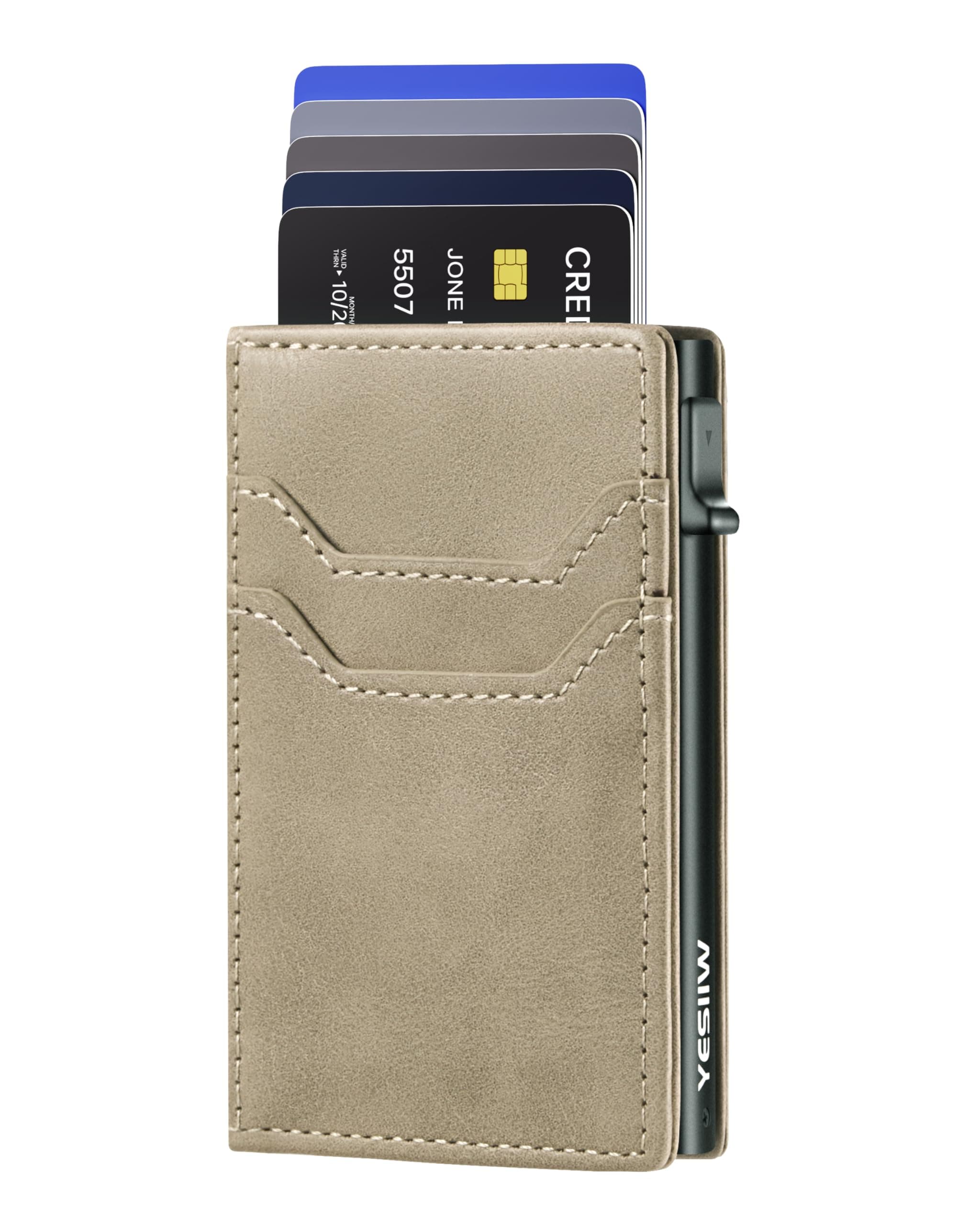 YESIIW Wallet for Men - Mens Wallet Slim with RFID Protection Pop up Card Holder Minimalist Wallets with ID Window Gifts for Men and Dad Light Beige