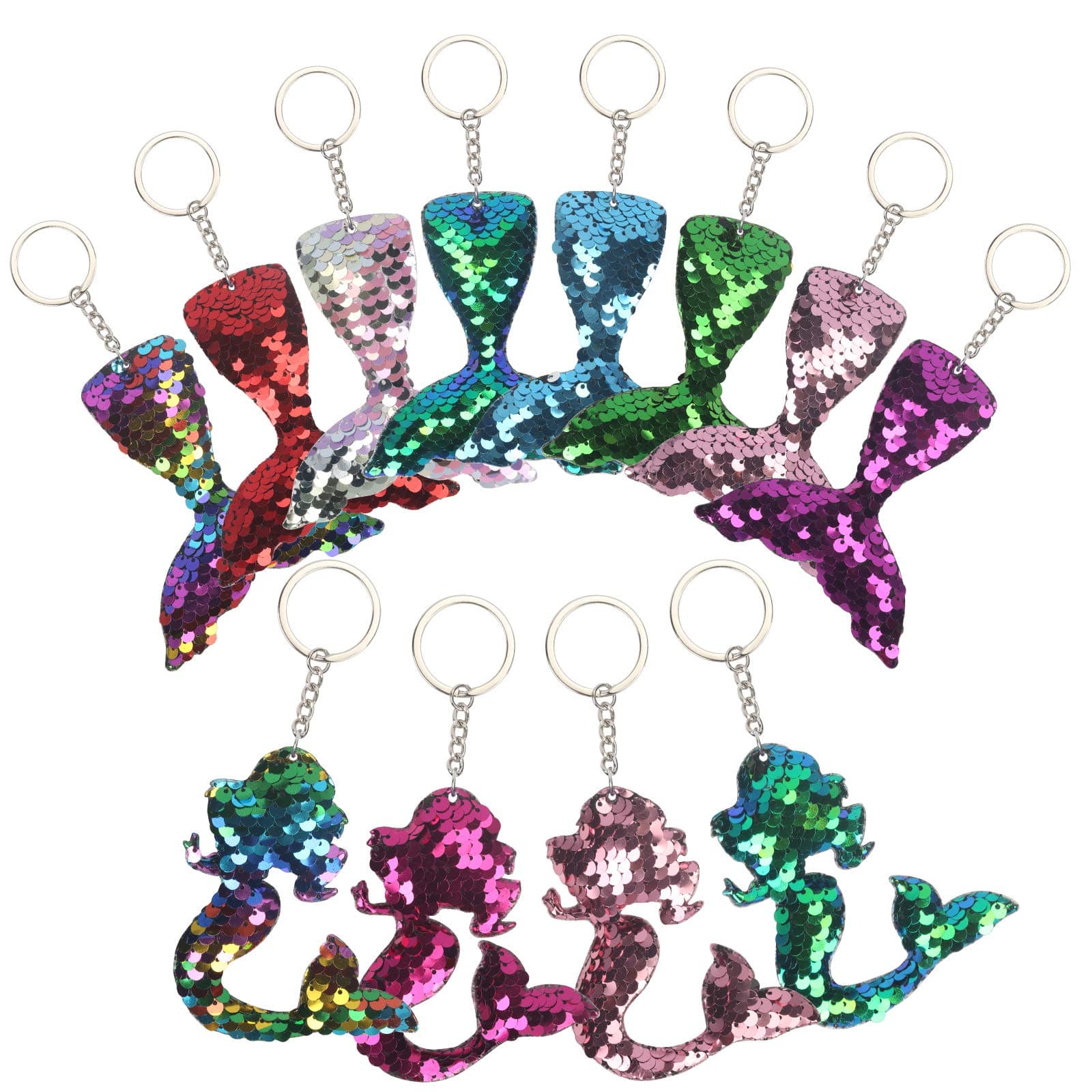 ZERHOK Mermaid Keychains, 4pcs Flip Glitter Mermaid Keyrings and 8pcs Reversible Sequins Mermaid Tail Keychains Mermaid Party Favors for Girls Boys Birthday Mermaid Themed Party Bag Supplies