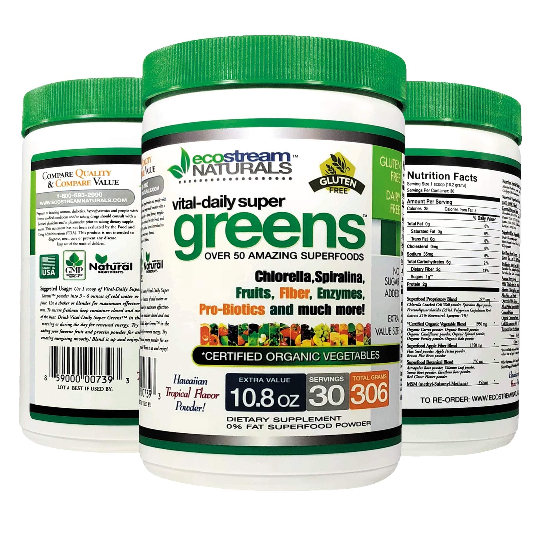 Vital First Daily Greens Over 50 Amazing Superfoods in Every Scoop - Large Size 10.8oz - with Organic Vegetables, Enzymes - Tropical Flavor