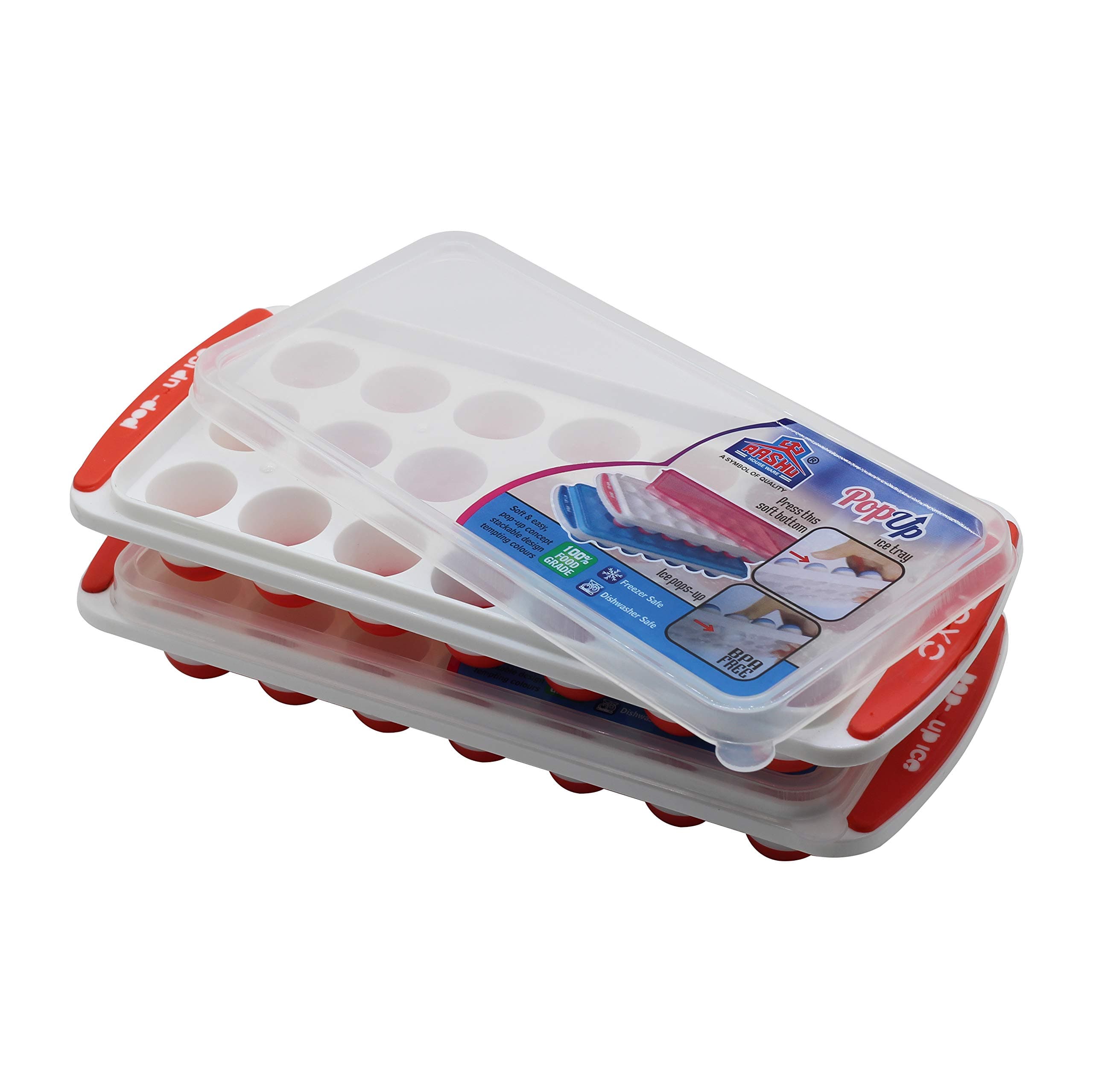 Aashu Toyo Silicone Pack of Easy Push Premium Pop Up Ice Cube Tray for Freezer with Lid with Flexible Silicon Bottom and Over Lid, 21 Cube 100% BPA Free (Blue and Red) - (Pack of 2)