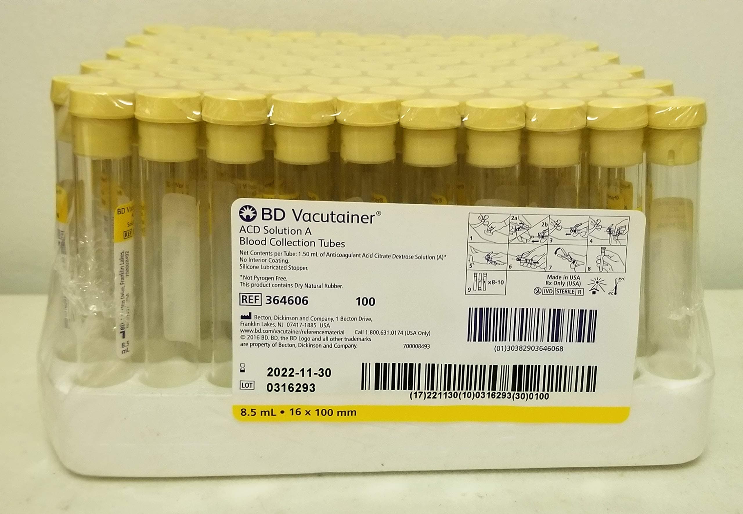 Box of 100 Tube, Yellow Top, 8.5 ML, Glass, ACD Solution A,BD 364606