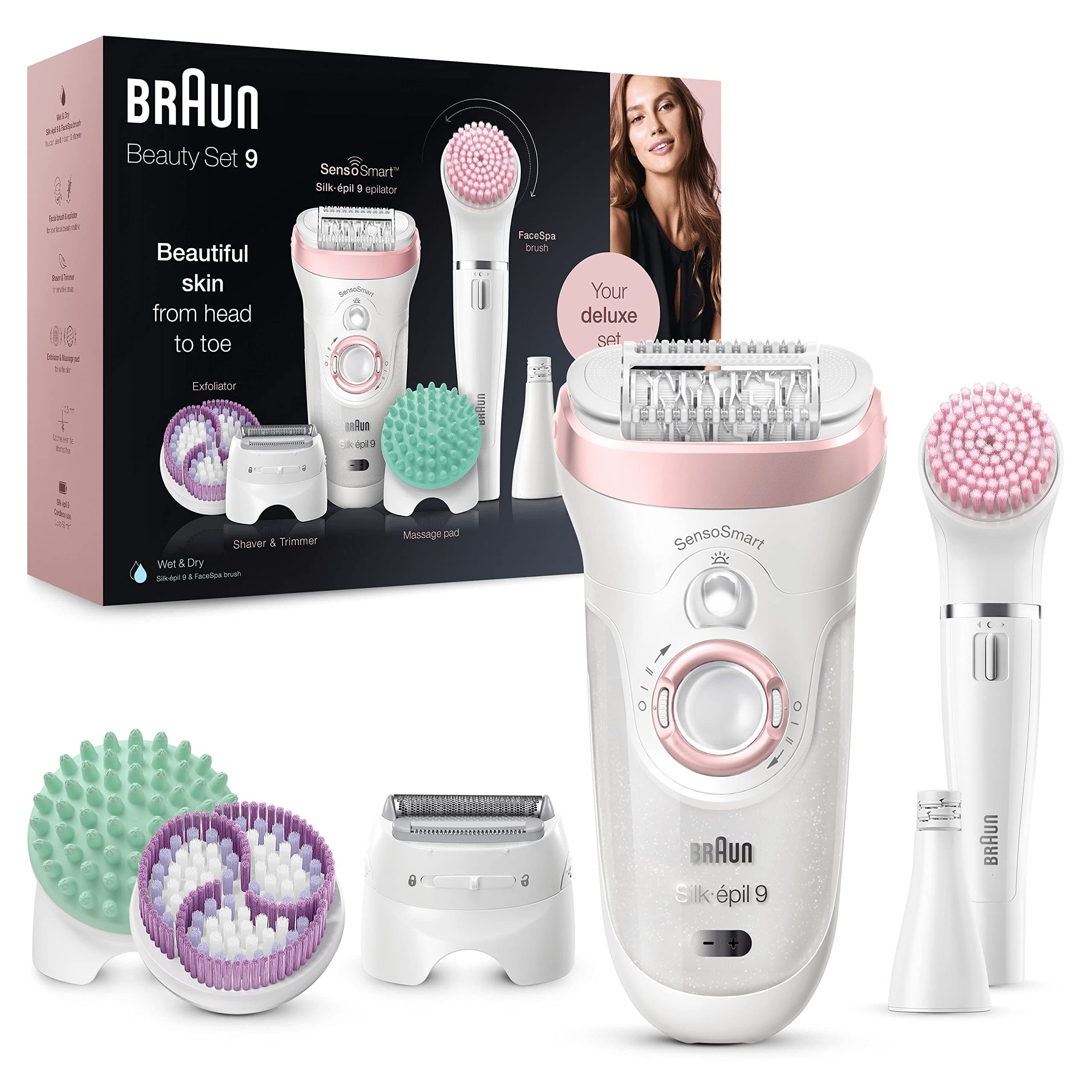 Silk-épil 9-in-1 Hair Removal & Beauty Set, Waterproof, White/Pink, Includes Facial Epilator, Lady Shaver, Trimmer, Exfoliator, Cleansing Brush