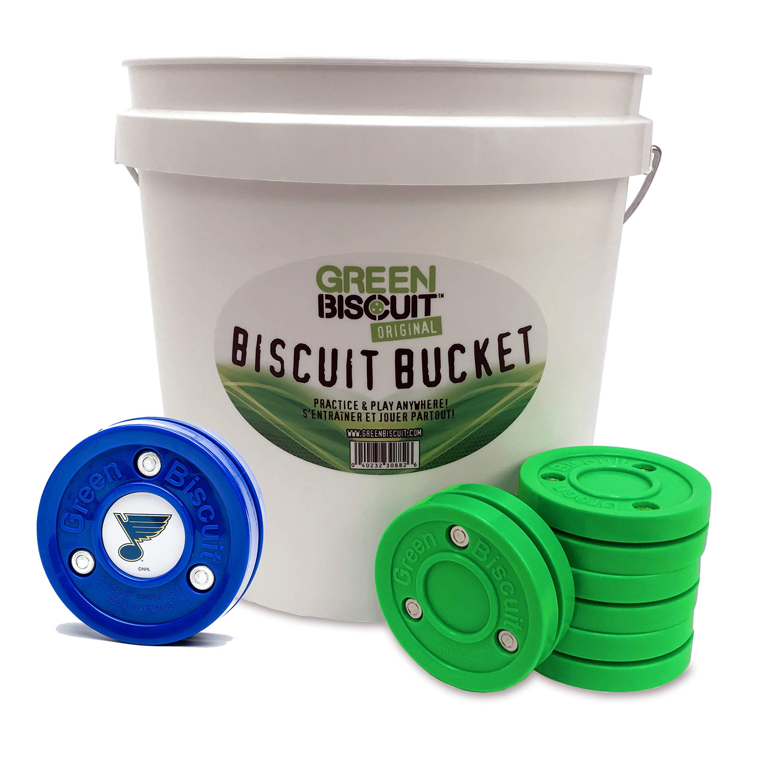 Green BiscuitBucket 15-Pack Original Passer Hockey Pucks - Street Hockey Puck to Improve Stickhandling Skills and Passing -Get NHL Puck/GB Sticker