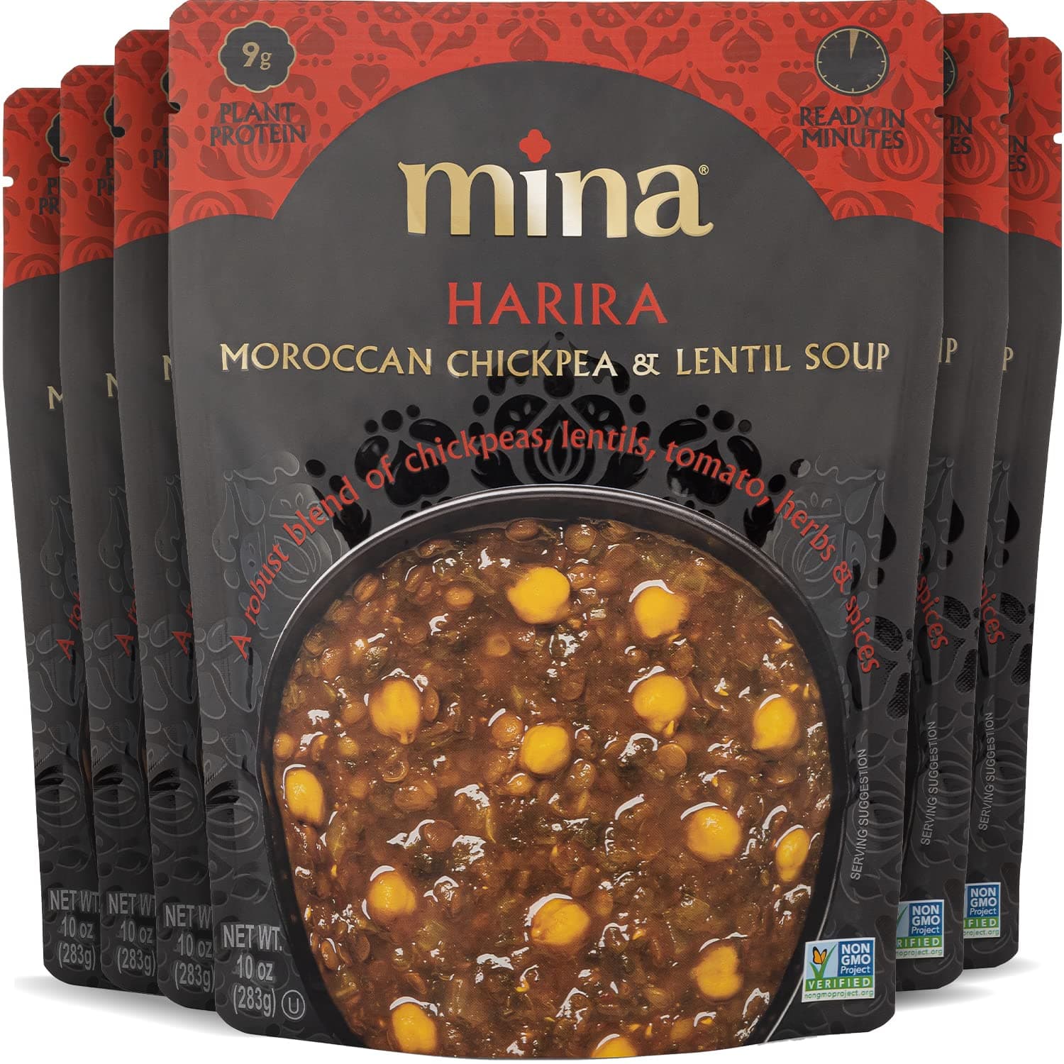 Harira, Moroccan Chickpea & Lentil Soup, Ready to Eat Meals,10 oz Gluten Free Soup, High In Plant Based Protein, Microwavable Soup, Vegan, Non-GMO, Packaged Meals & Side Dishes (Pack of 6)