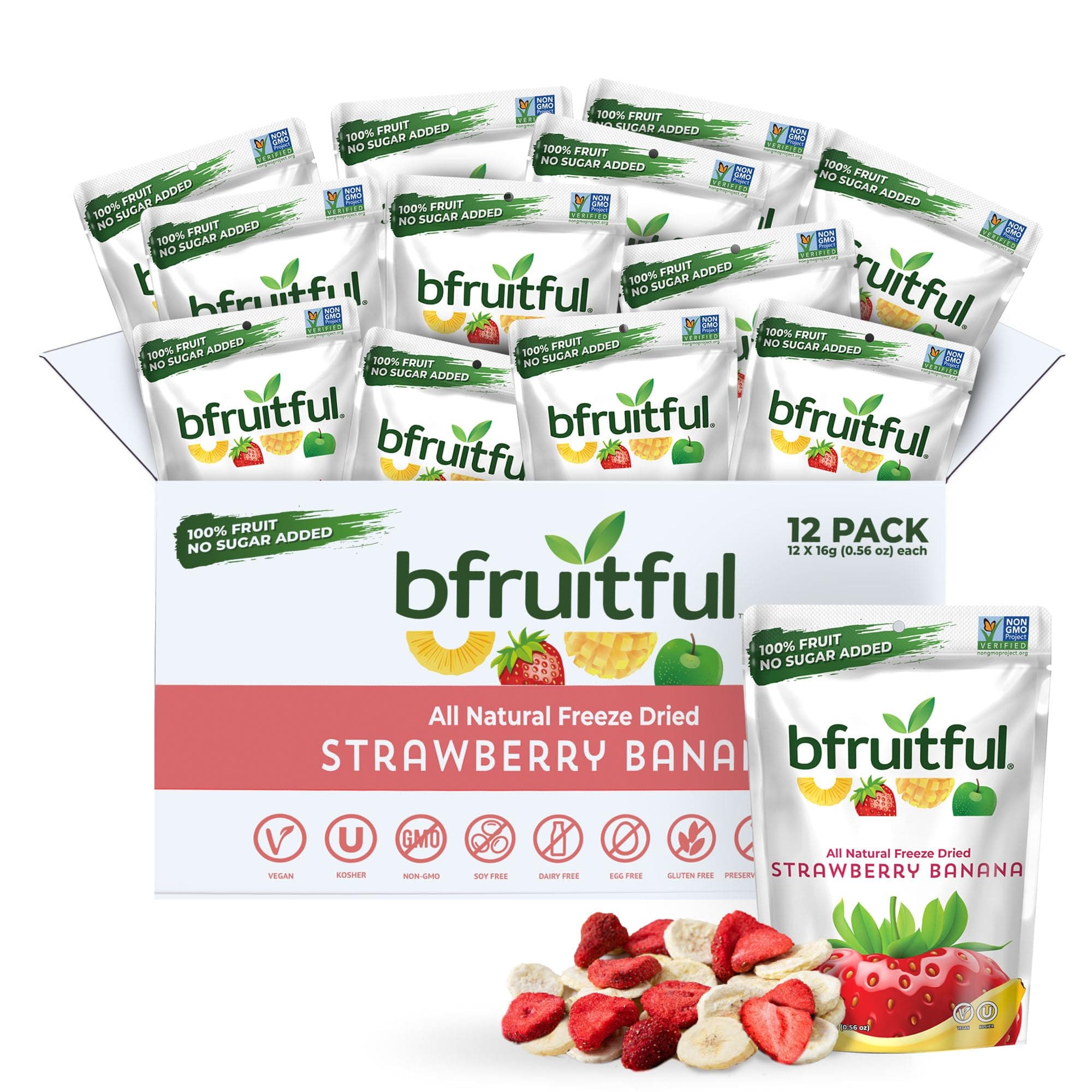 bfruitful Freeze-Dried Strawberry Banana, Freeze Dried Fresh Fruit Bites, Gluten Free, Vegan, Dairy Free, Kosher, No Sugar Added, Non GMO, Healthy Snacks for Kids or Adults, 0.56 oz Single-Serve Snack Packets, 12 Pack