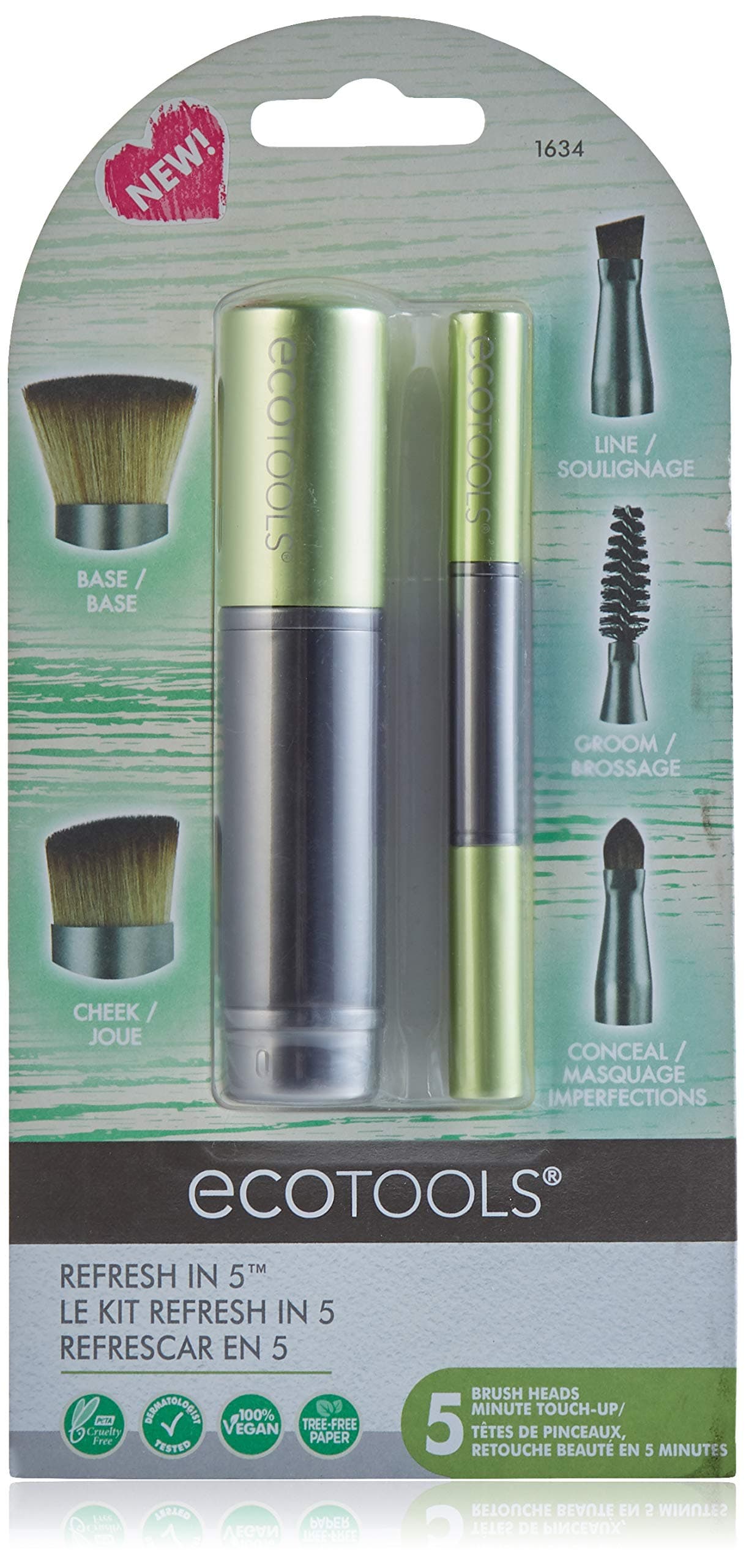 EcoTools Refresh Makeup Brush Set for Travel Touch-up, Set of 5 for Brows, Liner, Concealer, Powder, Blush and Bronzer