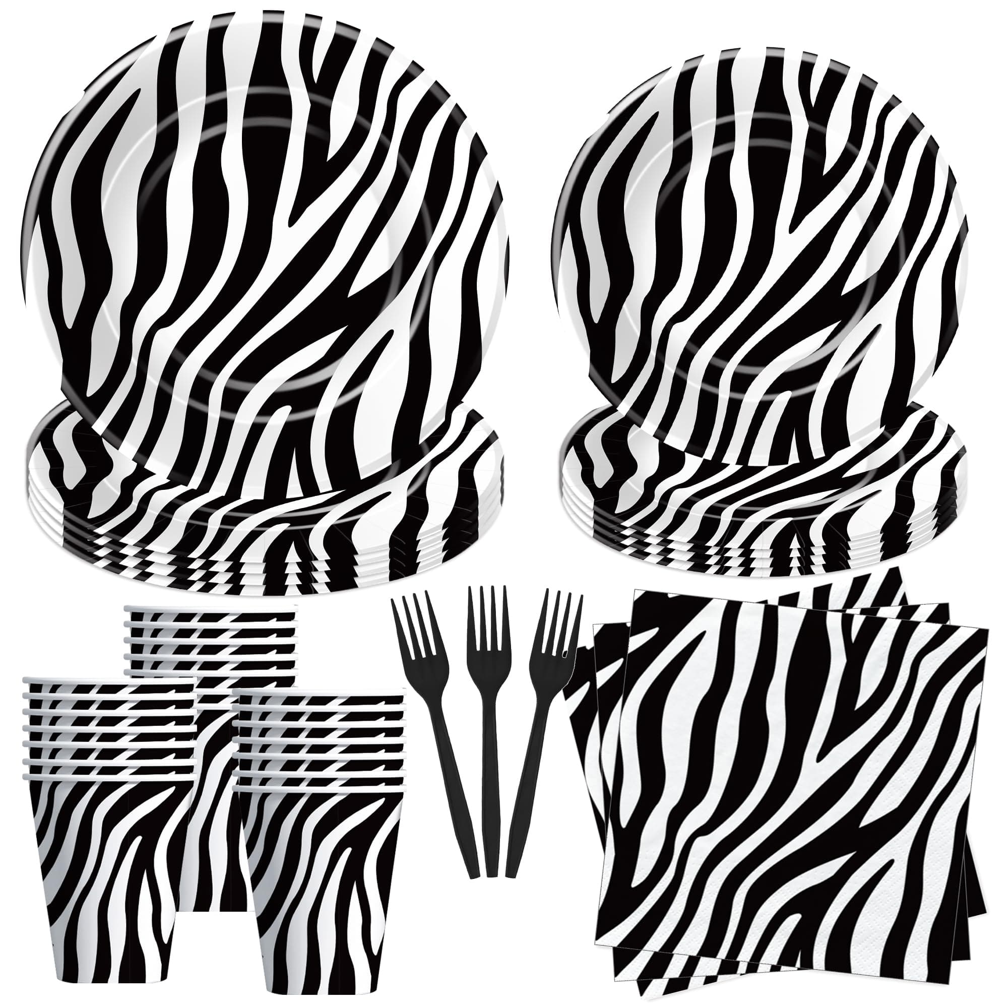 Zebra Print Plates And Napkins Party Supplies - Zebra Print Birthday Decorations Tableware, Plate, Cup, Napkin, Fork, Jungle Animal Zebra Texture Table Decorations Dinnerware | Serve 24
