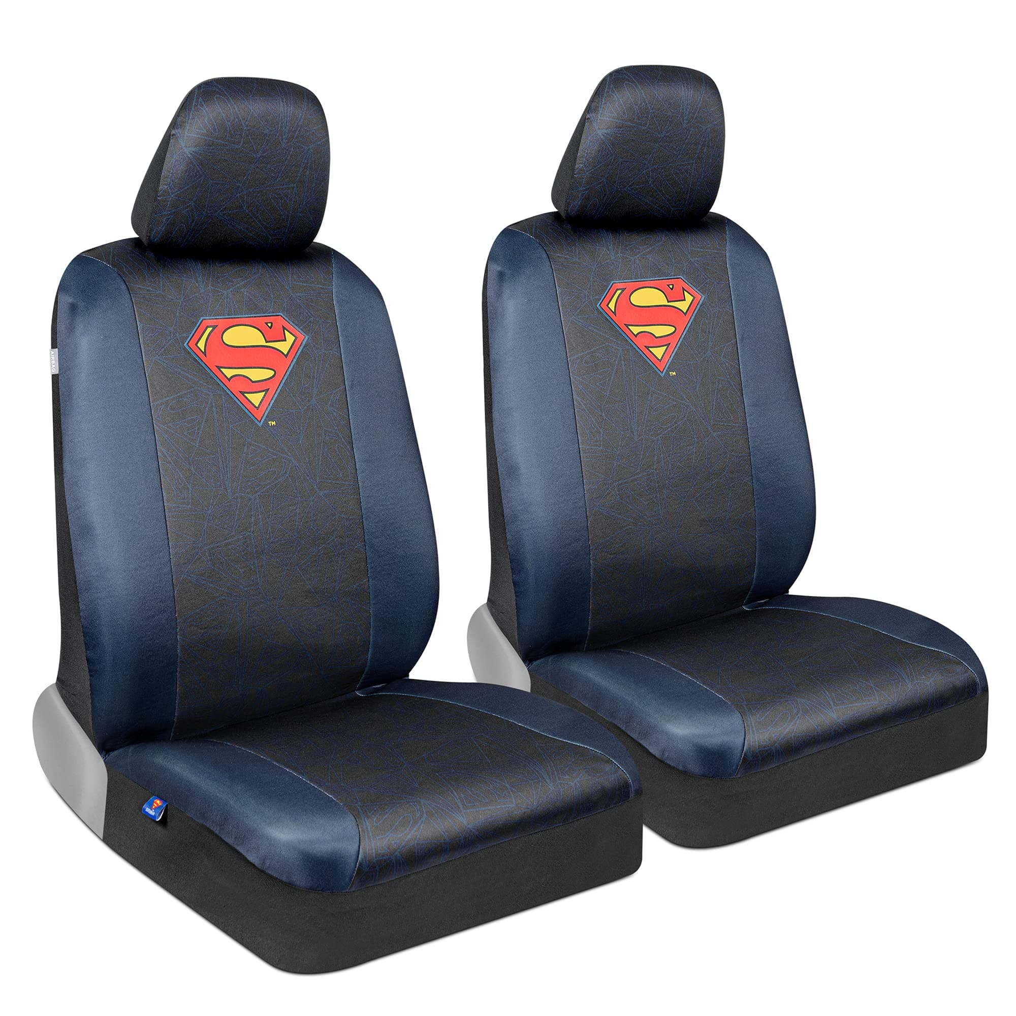 BDK Warner Bros DC Comics Superman Universal Fit Seat Covers Car Accessories - with Removable Head Cover & Matching Seat Belt Pads, Side Airbag Compatible Easy Install for Car Truck Van SUV