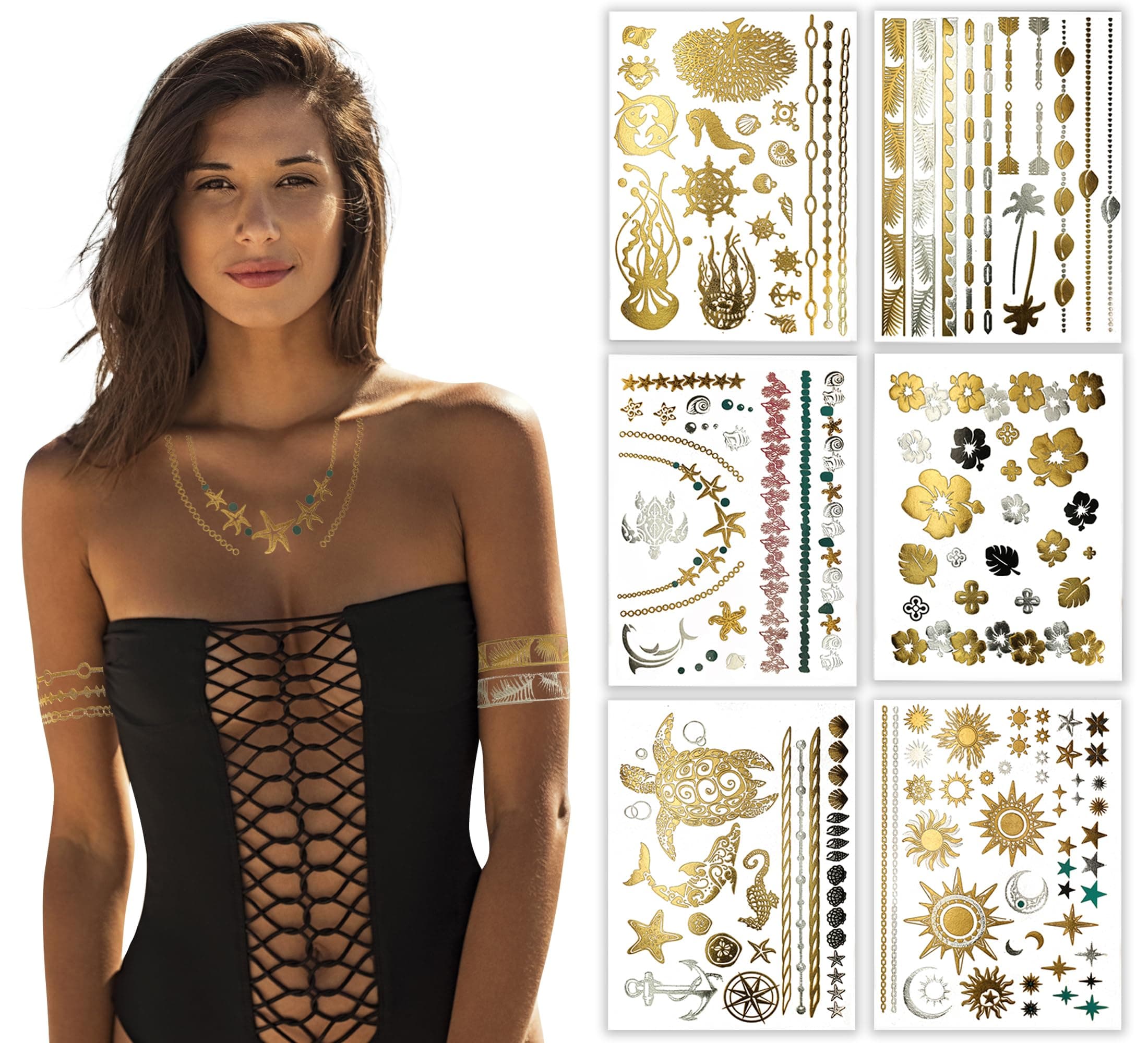 Terra Tattoos Gold Metallic Tattoo Flash Sheets Designs of Seashells, Sun, Flowers & more! Face Tattoos for Women Waterproof Nontoxic Long Lasting 75+ Designs for Vacation, Festivals Parties - Gold