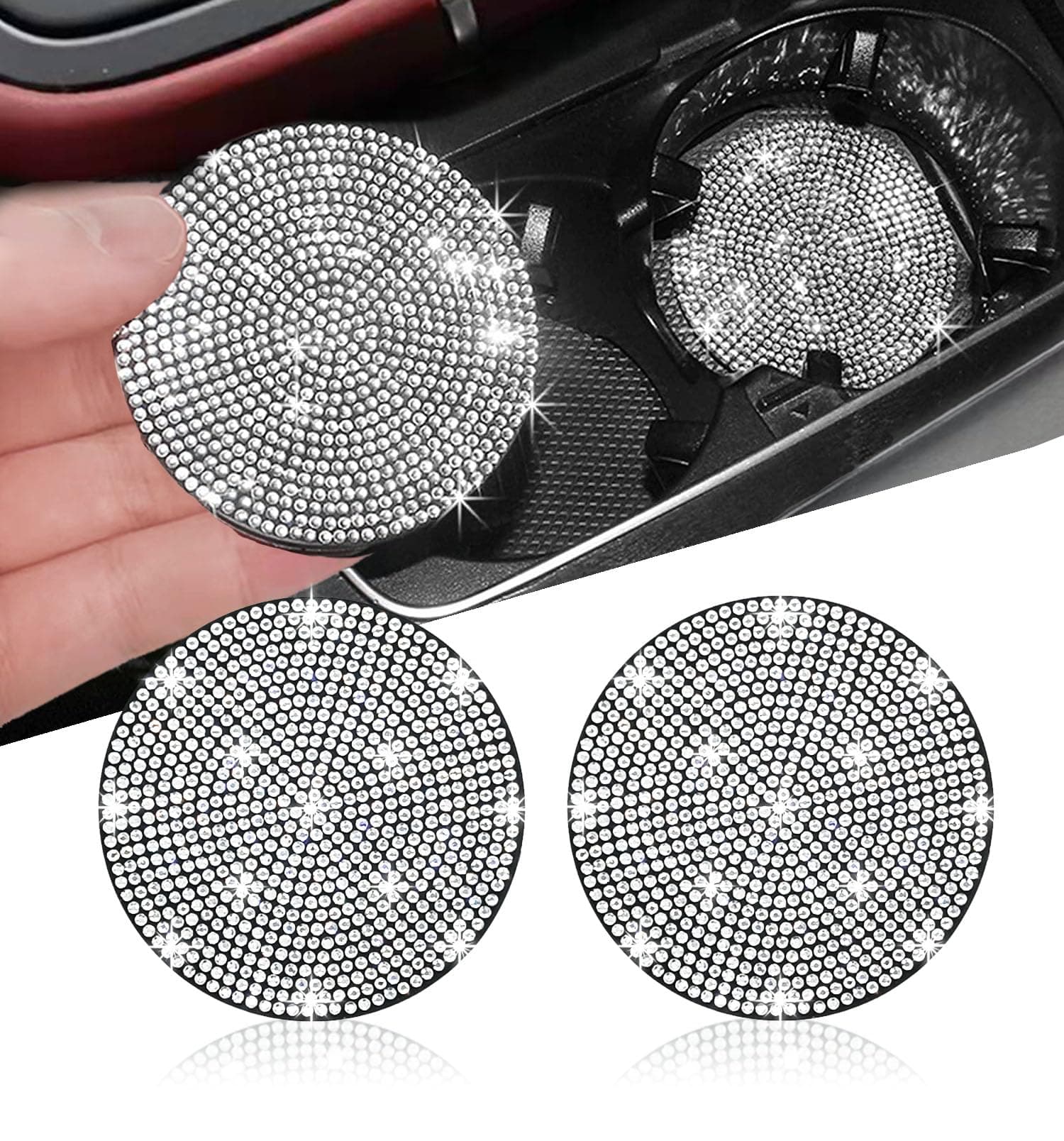 2pcs Bling Car Cup Holder Coaster, Anti-Slip Shockproof Universal Fashion Vehicle Cup Holders Coasters Insert Bling Crystal Rhinestone Automotive Interior Accessories for Women (White)