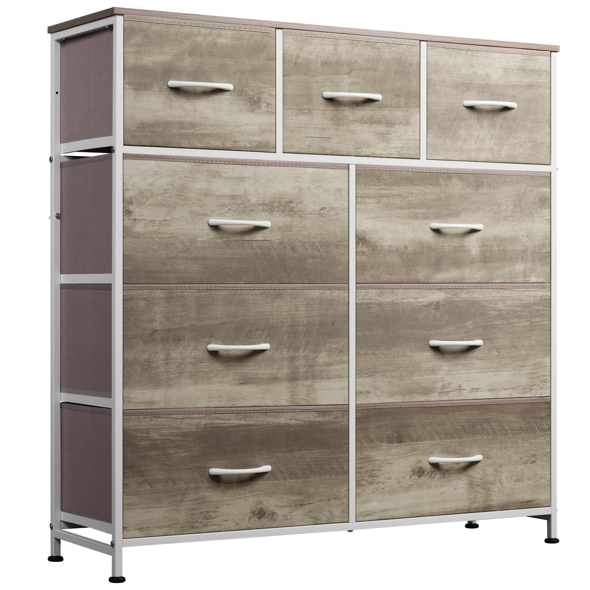WLIVE 9-Drawer Dresser, Fabric Storage Tower for Bedroom, Nursery, Entryway, Closets, Tall Chest Organizer Unit with Textured Print Fabric Bins, Steel Frame, Wood Top，Greige