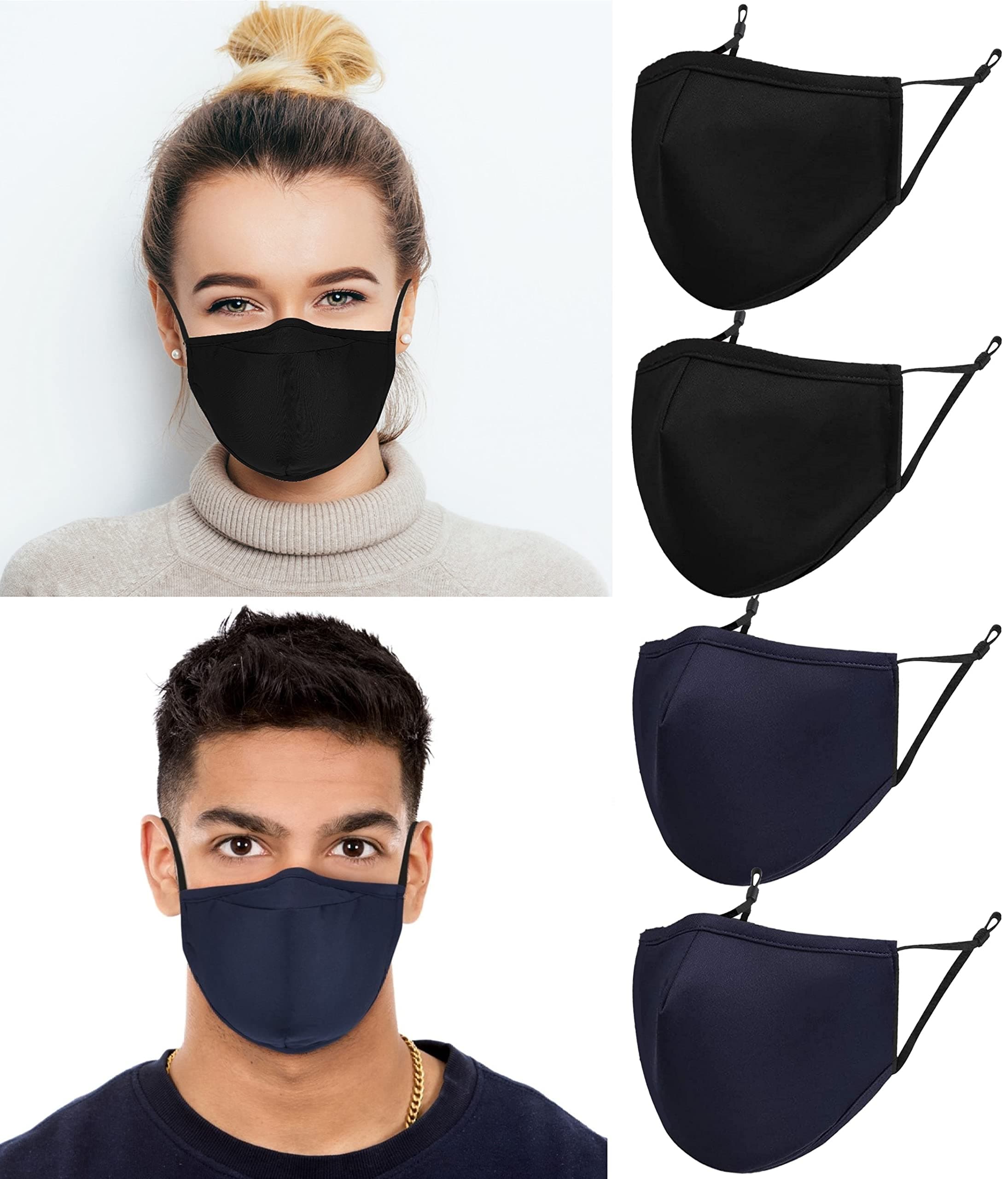 UK 4 Pack Reusable Cotton Face Masks, 2 Navy Blue, 2 Black Mask with Nose Wire for Glass Wearers, 3-Ply Washable & Breathable Fabric with Filter Pocket & Adjustable Loops