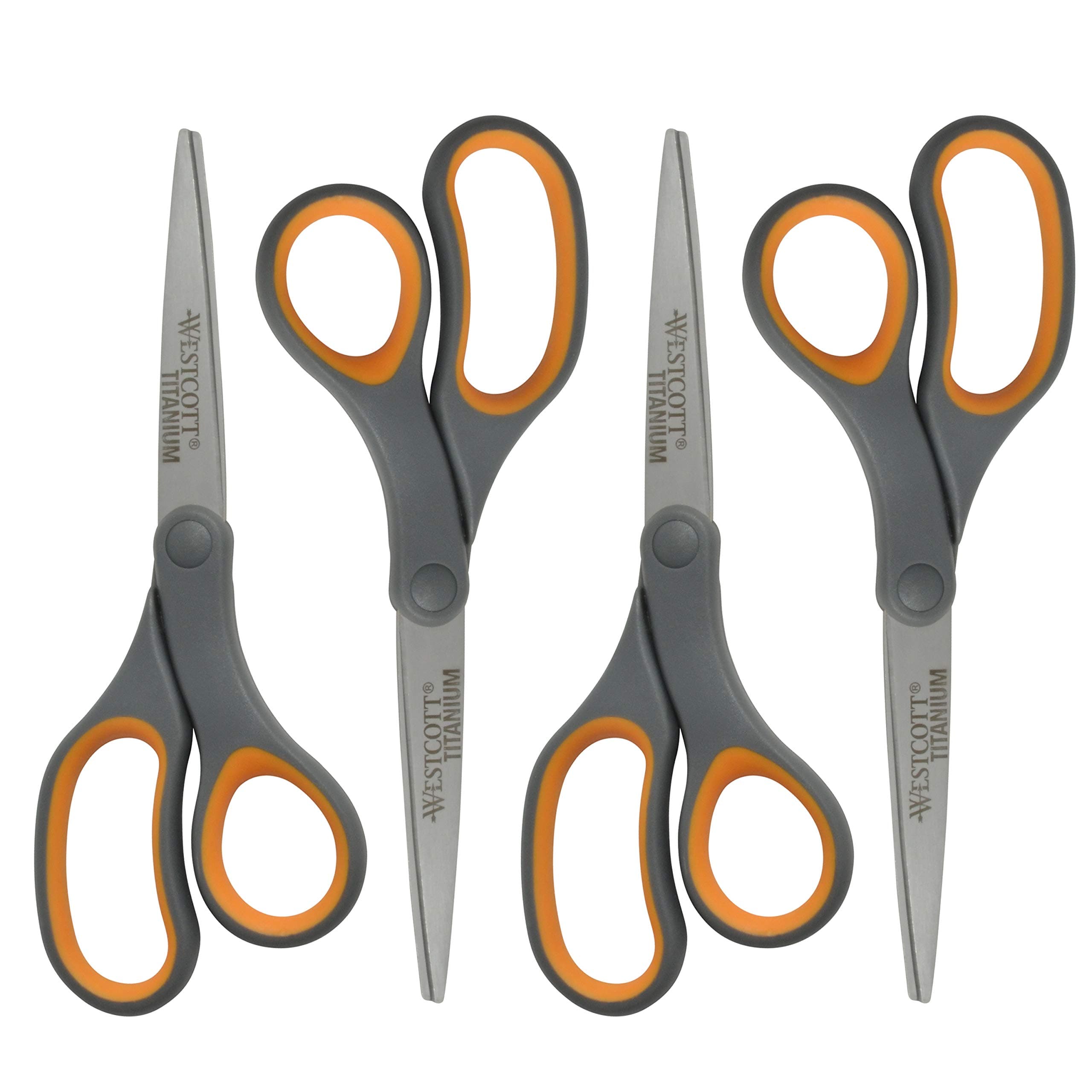 Westcott 8-Inch Titanium Bonded Straight Scissors, Soft Handle, Gray/Yellow, 4-Pack