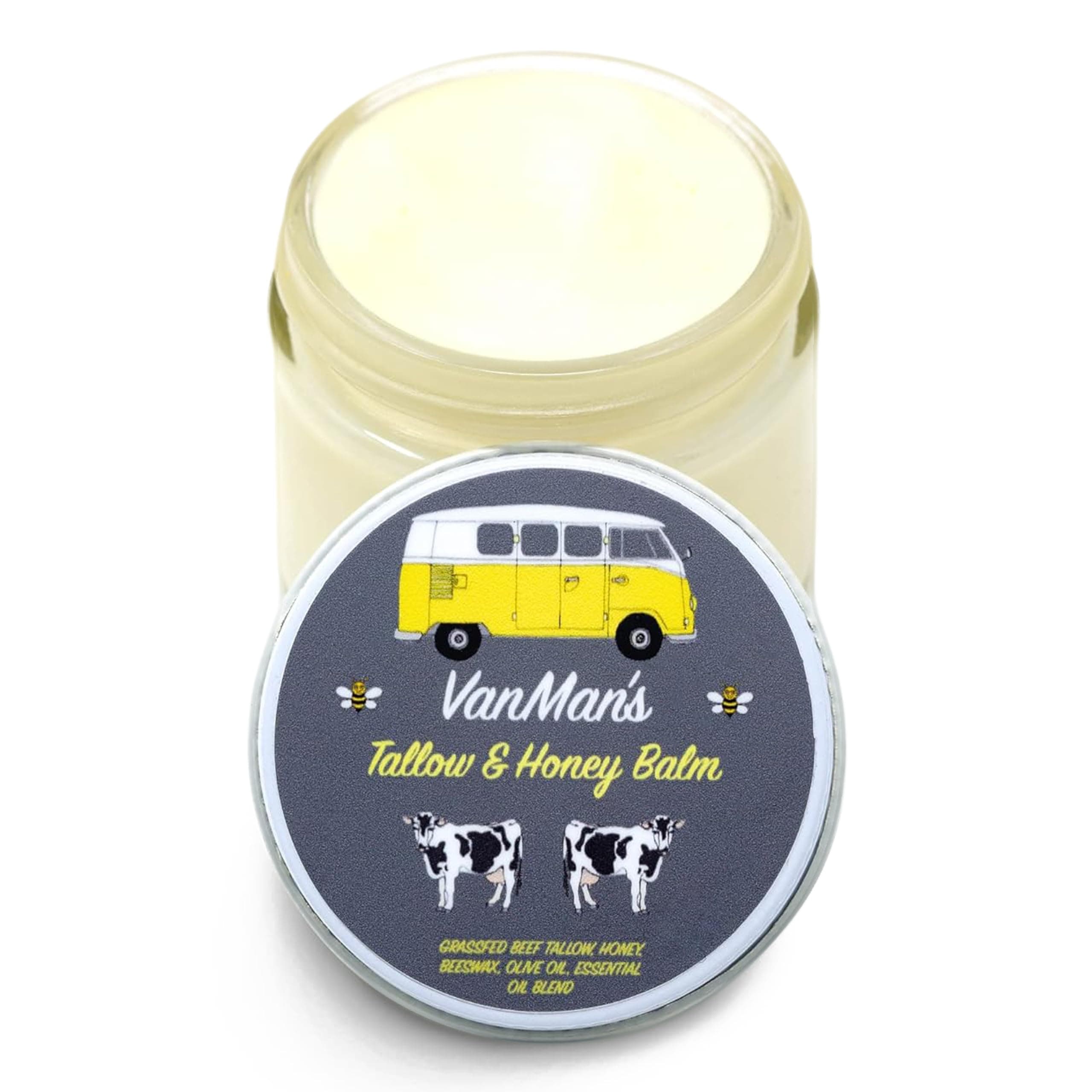 - Vanman's Tallow and Honey Balm - Tallow Face Moisturizer with Grass-Fed/Finished Beef Tallow for Skin and Essential Oils, Organic Raw Honey and Beeswax, Cold Pressed Olive Oil - 2 oz