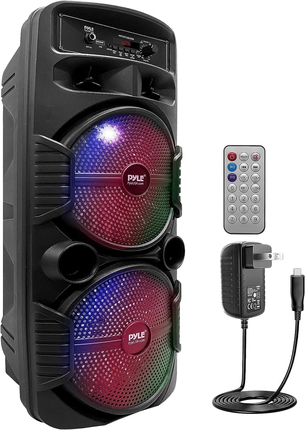 Pyle Portable Bluetooth Karaoke Machine, 600W Rechargeable Speaker System with Dual 20cm Subwoofers, Mic Input, Party Lights, USB, Radio, Remote, Singing Machine for Kids and Adults, Voice Amplifier