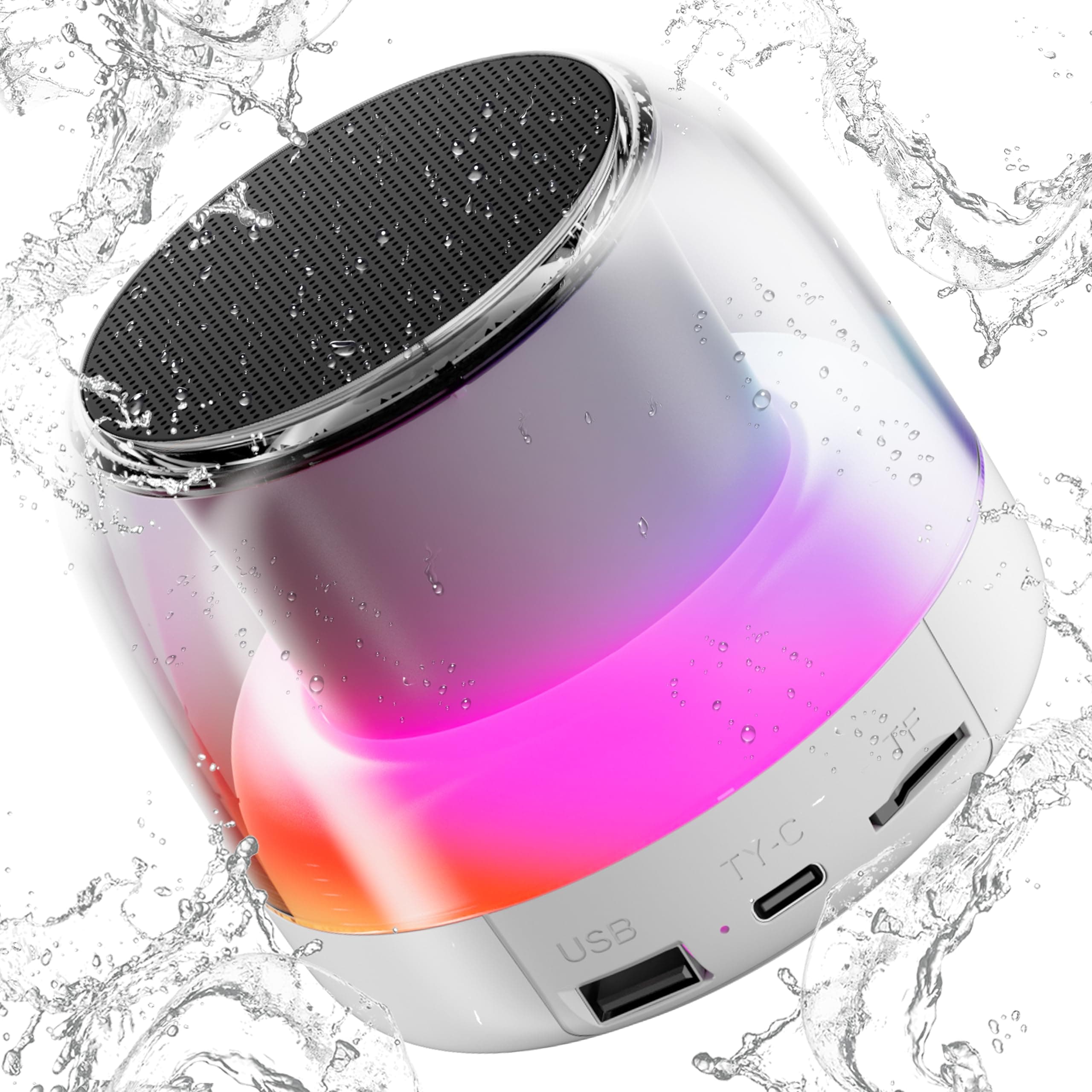 Bluetooth Speaker with Stereo Bass, Portable Speakers Bluetooth Wireless V5.3 with RGB Lights, TF-Card USB, Double Pairing, 4H Playtime, IP5 Waterproof Speakers for Travel Party Home Outdoor, White