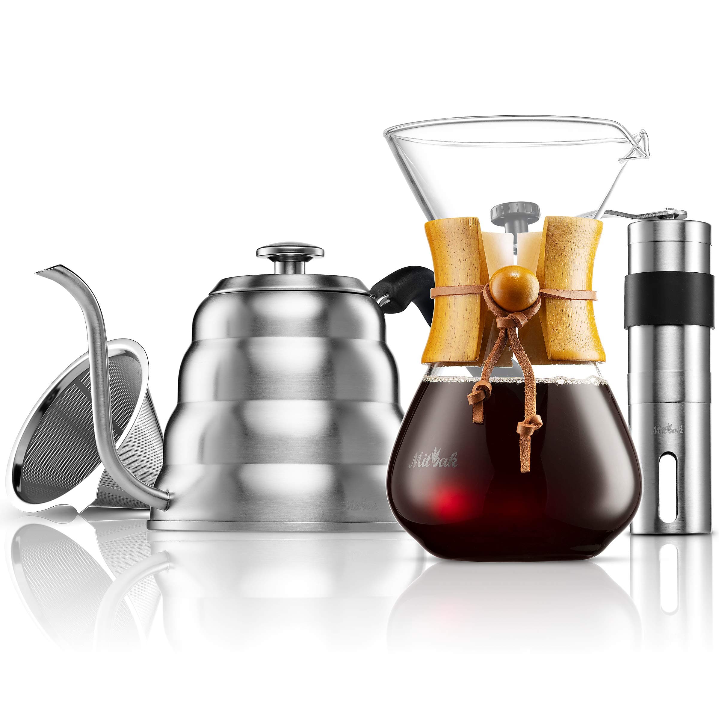 MITBAKPour Over Coffee Maker Set | Kit Includes Gooseneck Kettle with Thermometer, Coffee Mill Grinder & Coffee Dripper Brewer | Great Replcaement for Coffee Machines