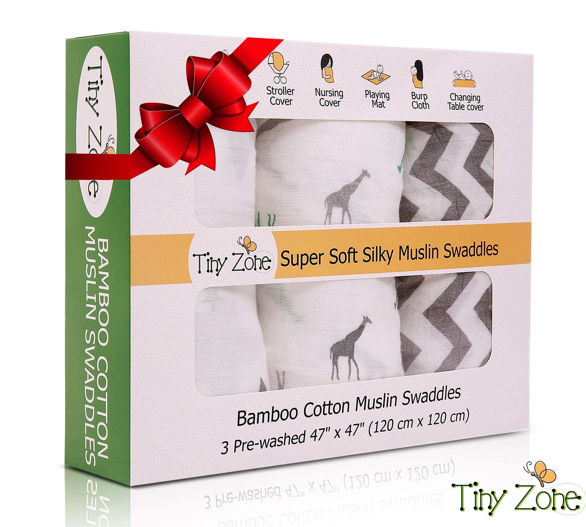 TINY ZONE Muslin Swaddle Blankets, Receiving Blankets for Newborn Boy, Girl, Unisex | Organic Bamboo Cotton with Bonus Bib (3 Pack)| Baby Swaddle Blanket, Swaddle Wrap, Muslin Swaddle