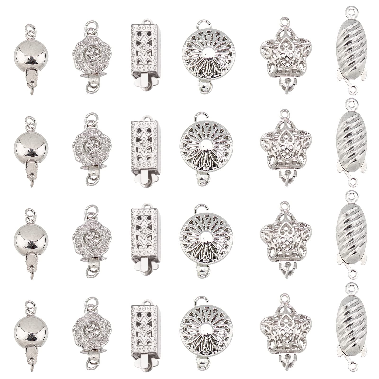 PH PandaHall 24 Sets 6 Style Filigree Box Clasps Filigree Pearl Clasps Platinum Plated Brass Single Strand Jewelry Clasps for DIY Pearl Necklace Bracelet Making