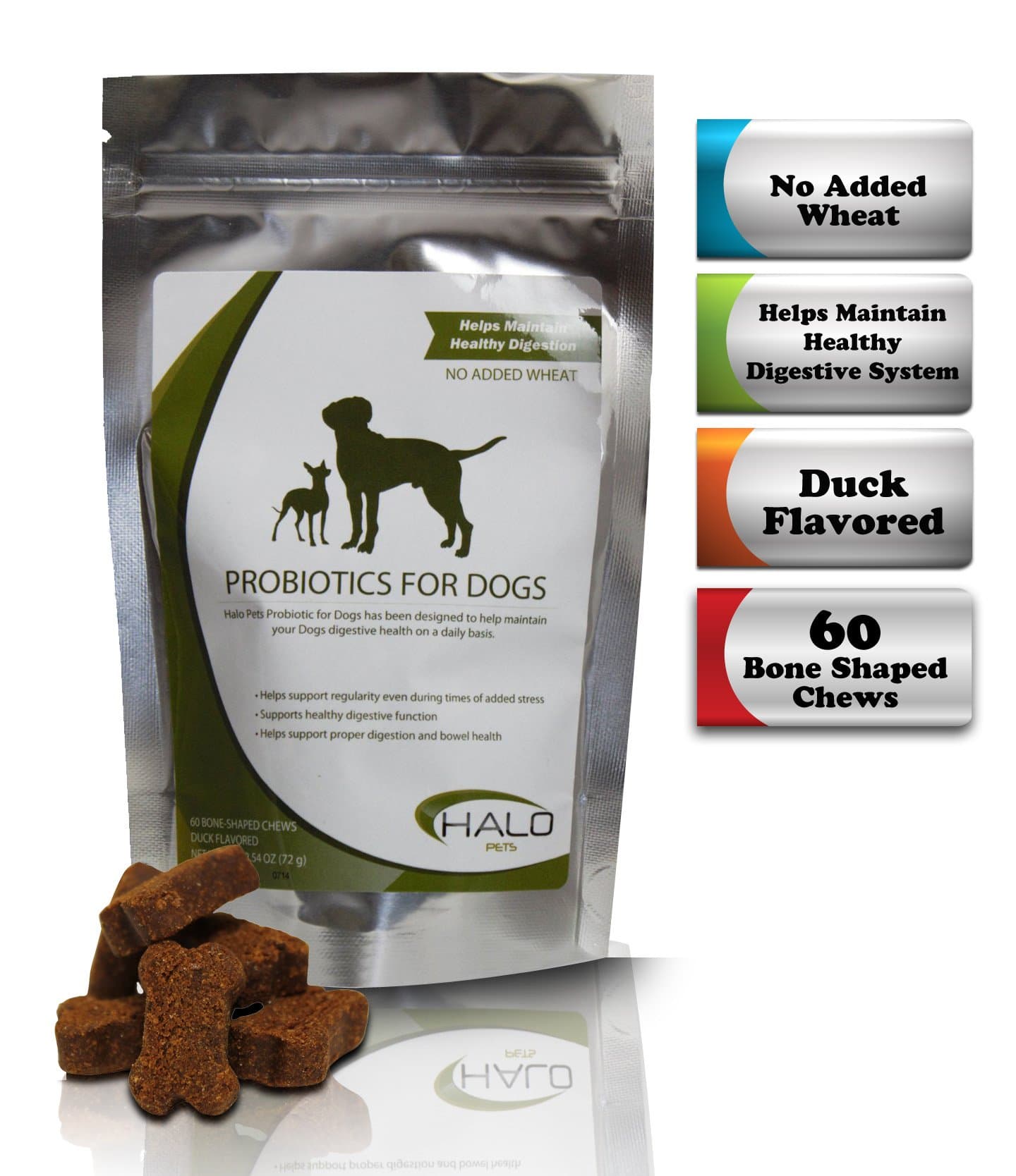 Premium Probiotics For Dogs By Halo Pets - Digestive Enzyme Support For All Dog Types - No Added Wheat - Maintains Healthy Digestion, Immune System and Bowel Health - Supplement For Daily Use - 60 Bite Size Duck Flavored Bone Shaped Chews