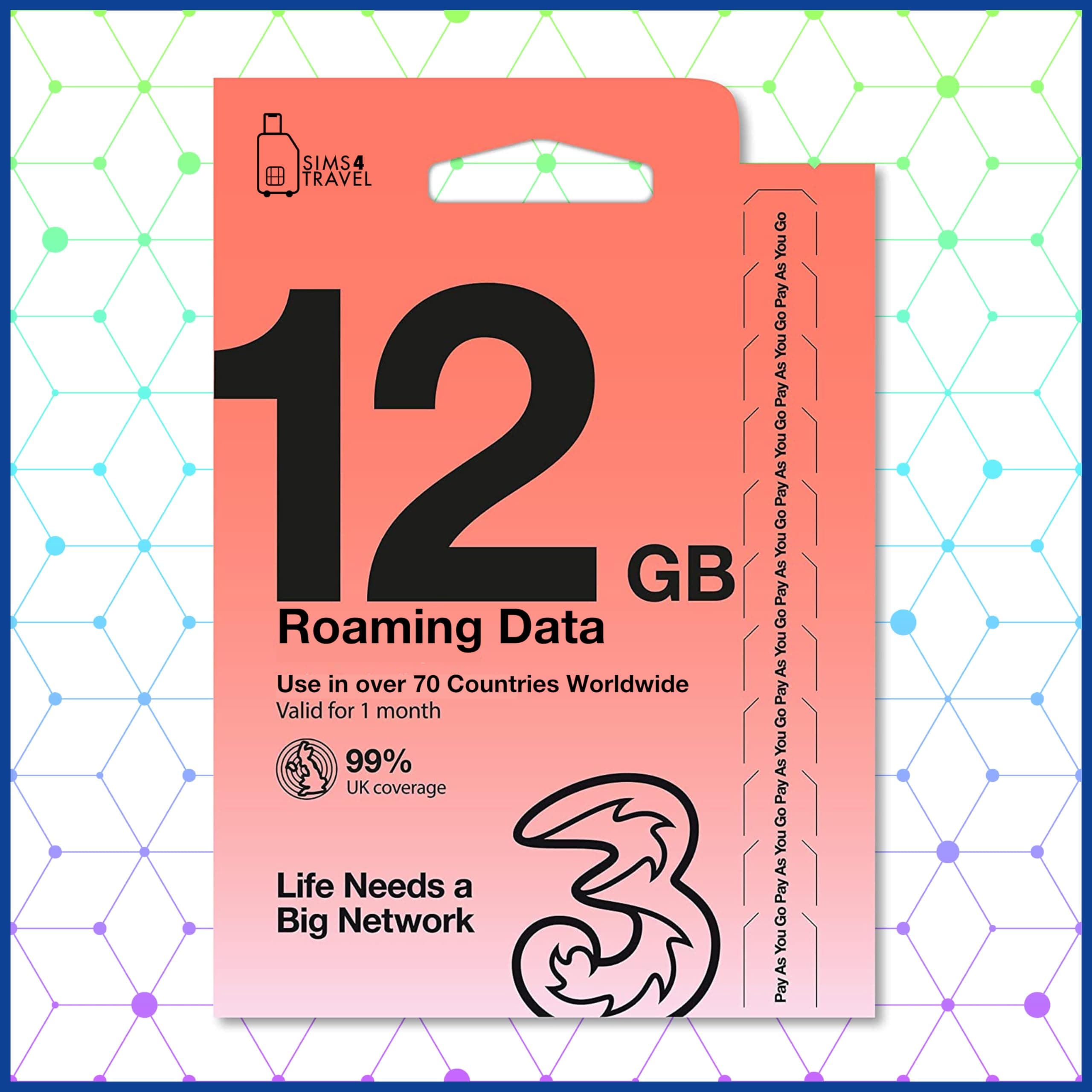 Three Prepaid Data Sim Card. 12GB of 4G/5G Data for use in over 70+ Countries Worldwide (Valid for 30 Days). Easy to Renew. Includes USA,Chile,Brazil,Singapore,Hong Kong & Europe.