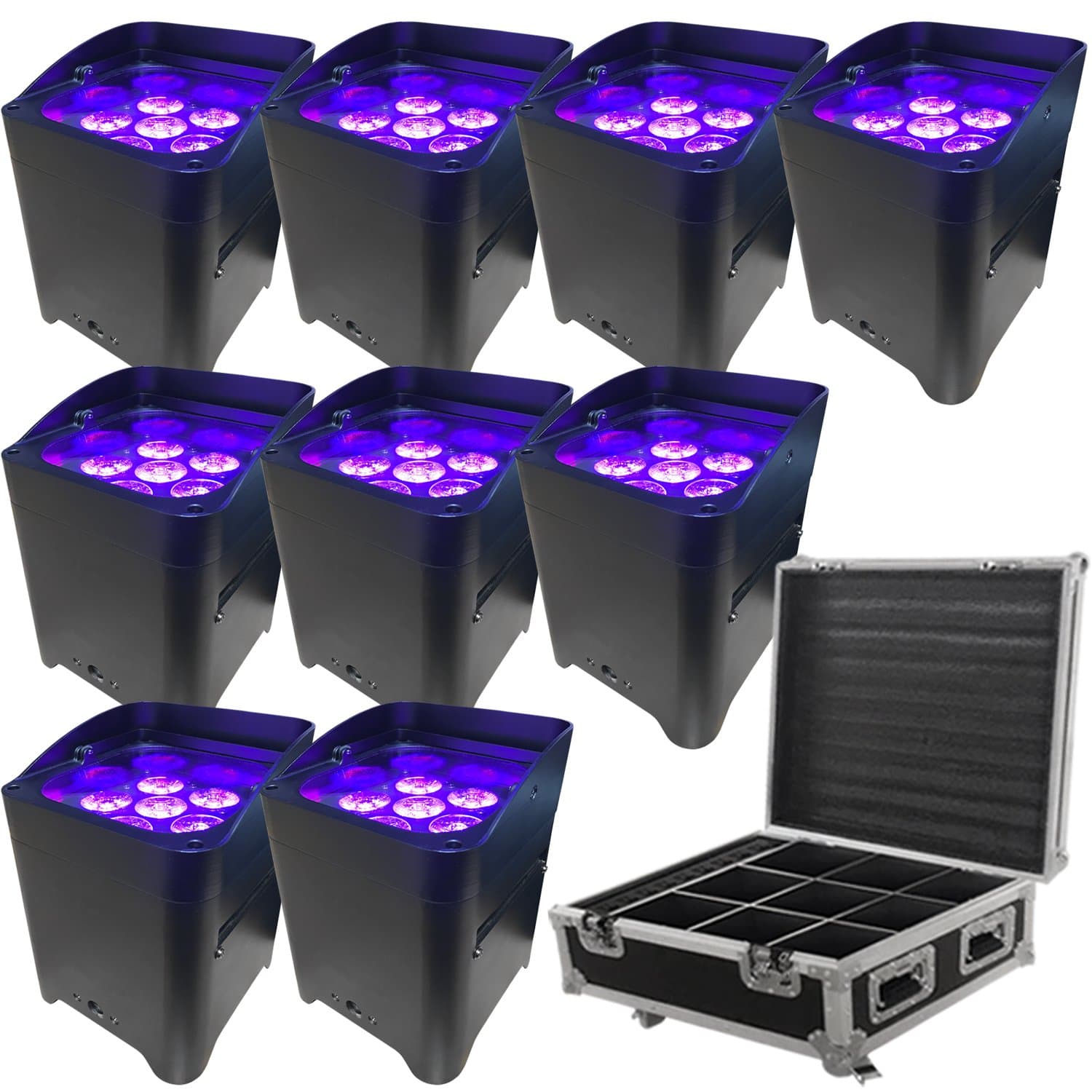 LED Battery Powered Wireless DMX - 16 Hour - 9 Lights w/Case - 9x6W RGBAW+UV - Wedding Up Lights