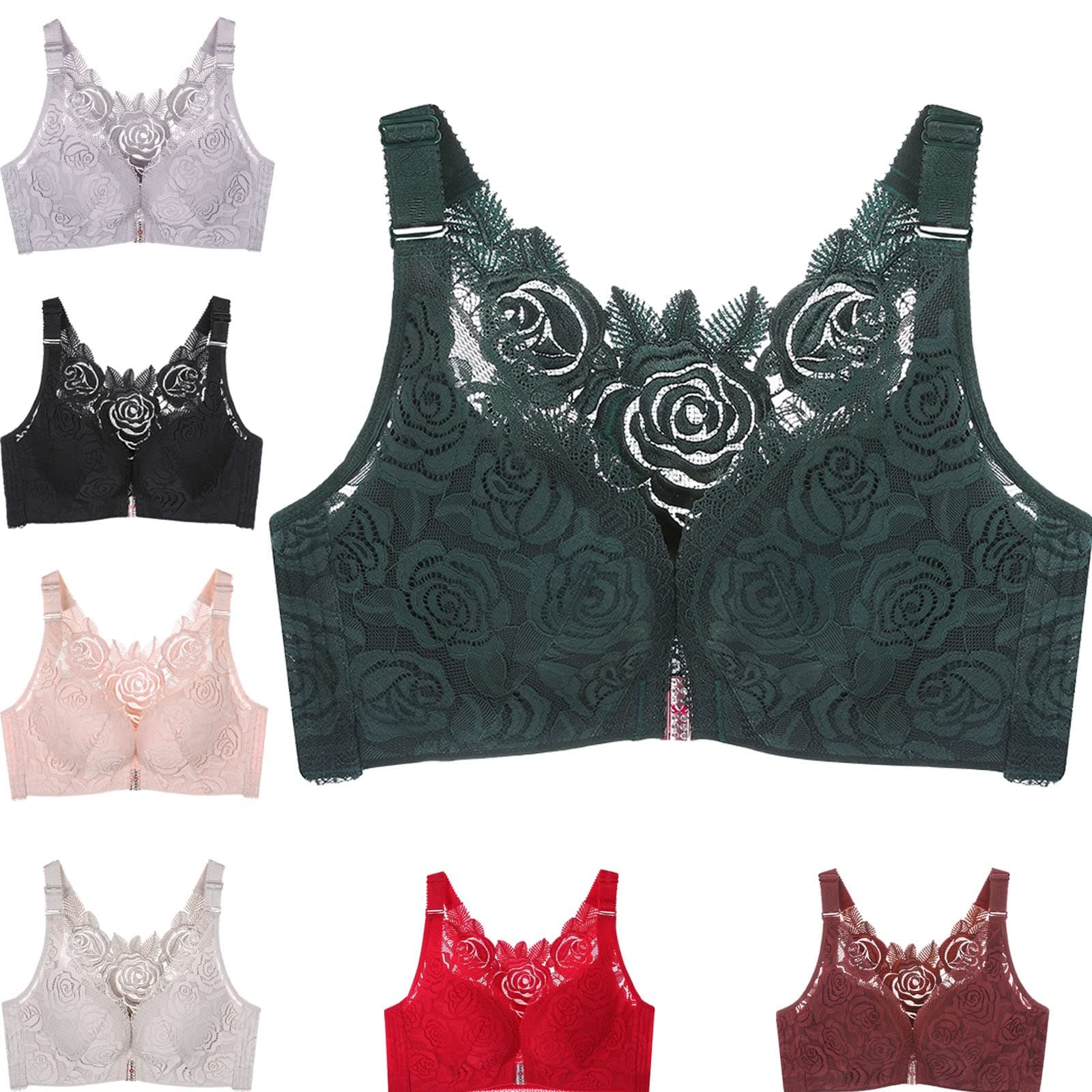 Floral Secrets Comfort Rose Bra, Front Closure Lace Comfy No Wire Bras Push Up Wire-Free & Seamless Bra