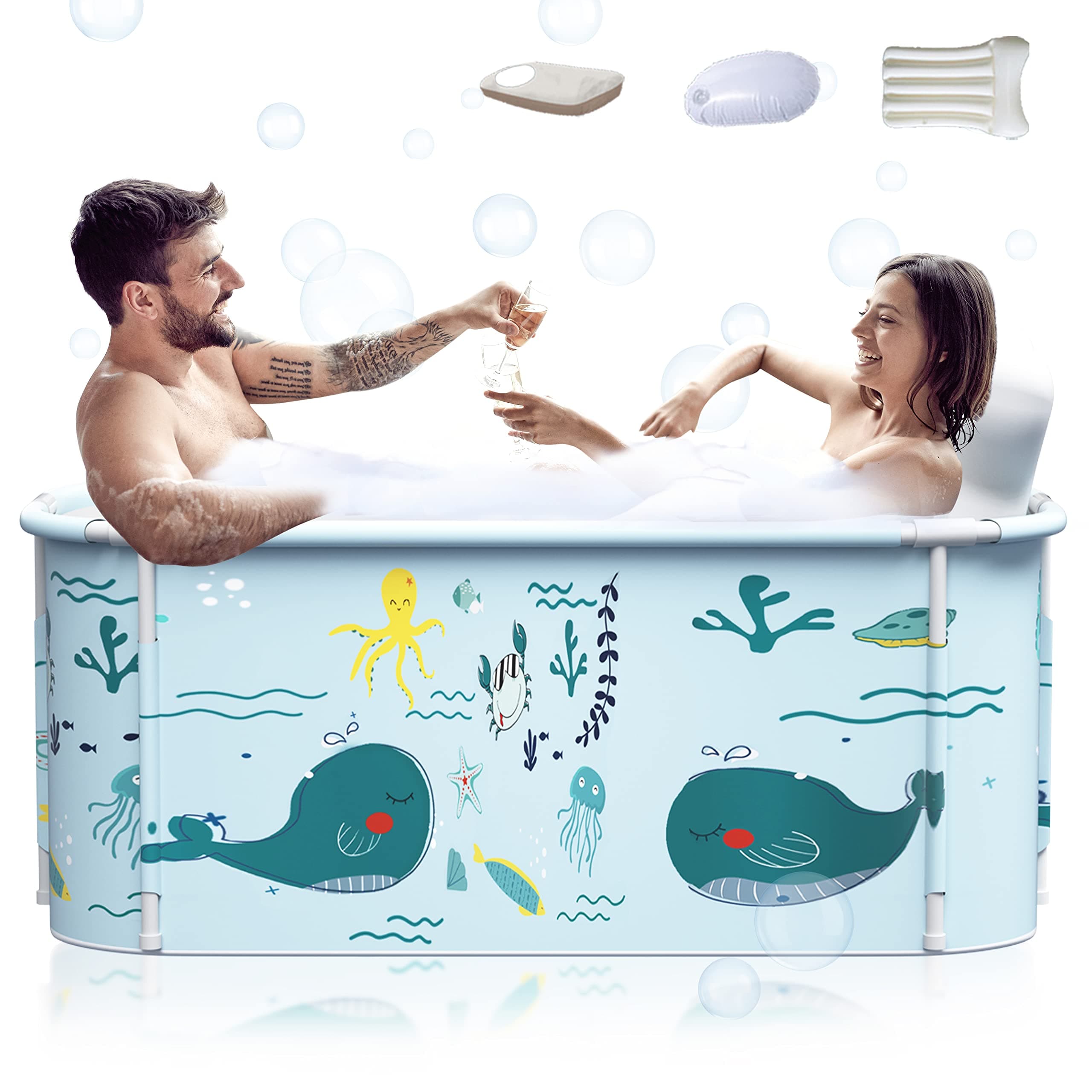 140cm Extra Large Portable Foldable Bathtub with Cover for Adult, Family SPA Soaking Tub for Small Bathroom, Thicken Multiple Layer Bathtub with Lid for Shower Stall (Ocean Design)
