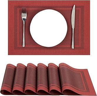 SHACOS Woven Vinyl Placemats Set of 6 Wipe Clean Place Mats for Dining Table Heat Resistant PVC Weave Table Mats Indoor Outdoor (6, Frame Red)