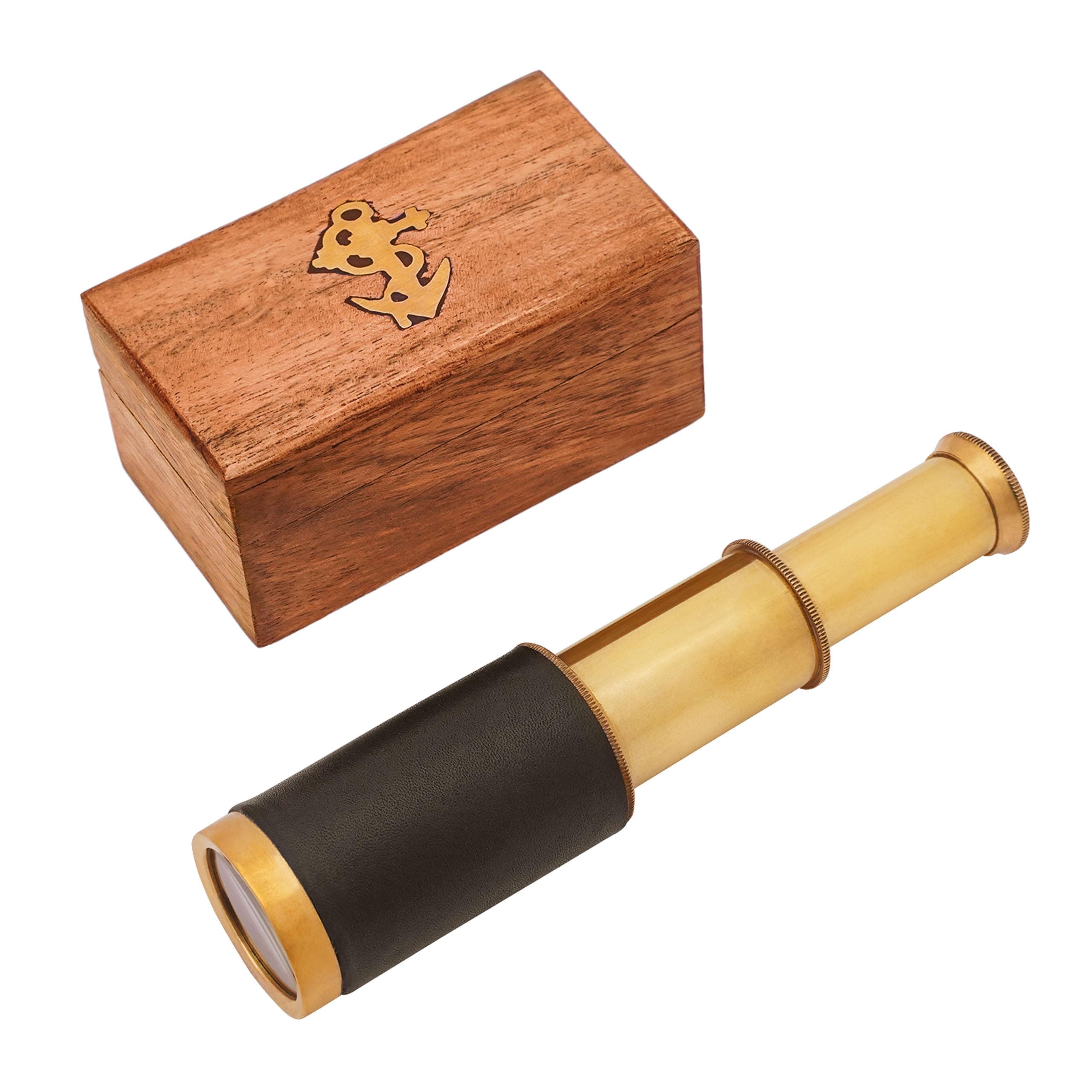 Mythrojan Brass Handheld Telescope 6"" Mini Spyglass with Wooden Box, Pirate Binocular, Spyglass Collapsible Monocular Decorative Cosplay Accessory for Travellers, Adventures