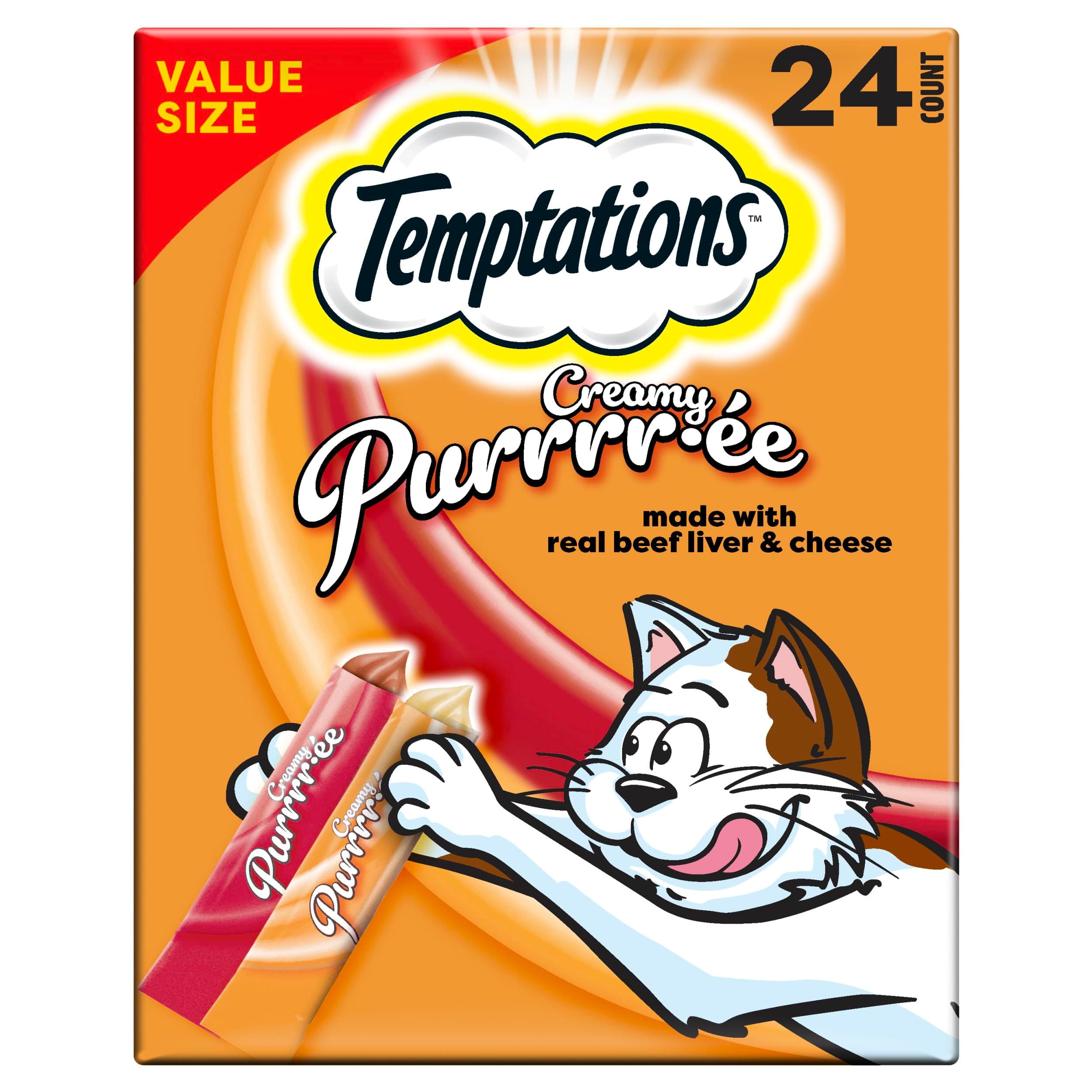 Creamy Puree with Beef Liver and Cheese, Variety Pack of Lickable, Squeezable Cat Treats, 0.42 oz Pouches, 24 Count