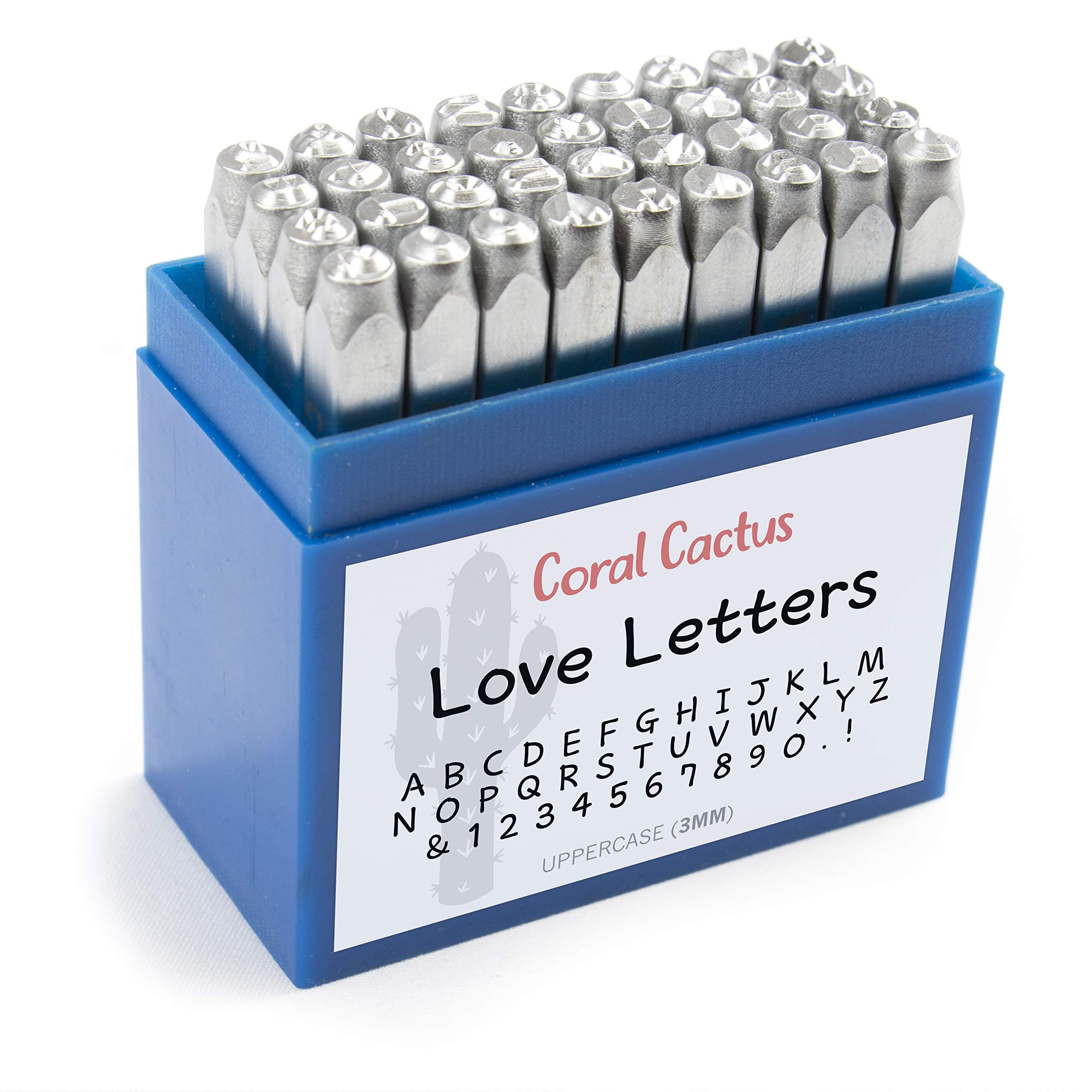 Custom Font Number and Letter Stamping Tool Case (36 Uppercase Stamps/Alphabet 0-9 & !) 1/8 inch (3mm) Letters, Numbers, Symbols - Hard Carbon Steel Tools - Stamp/Punch Metal, Jewelry, Leather, Wood