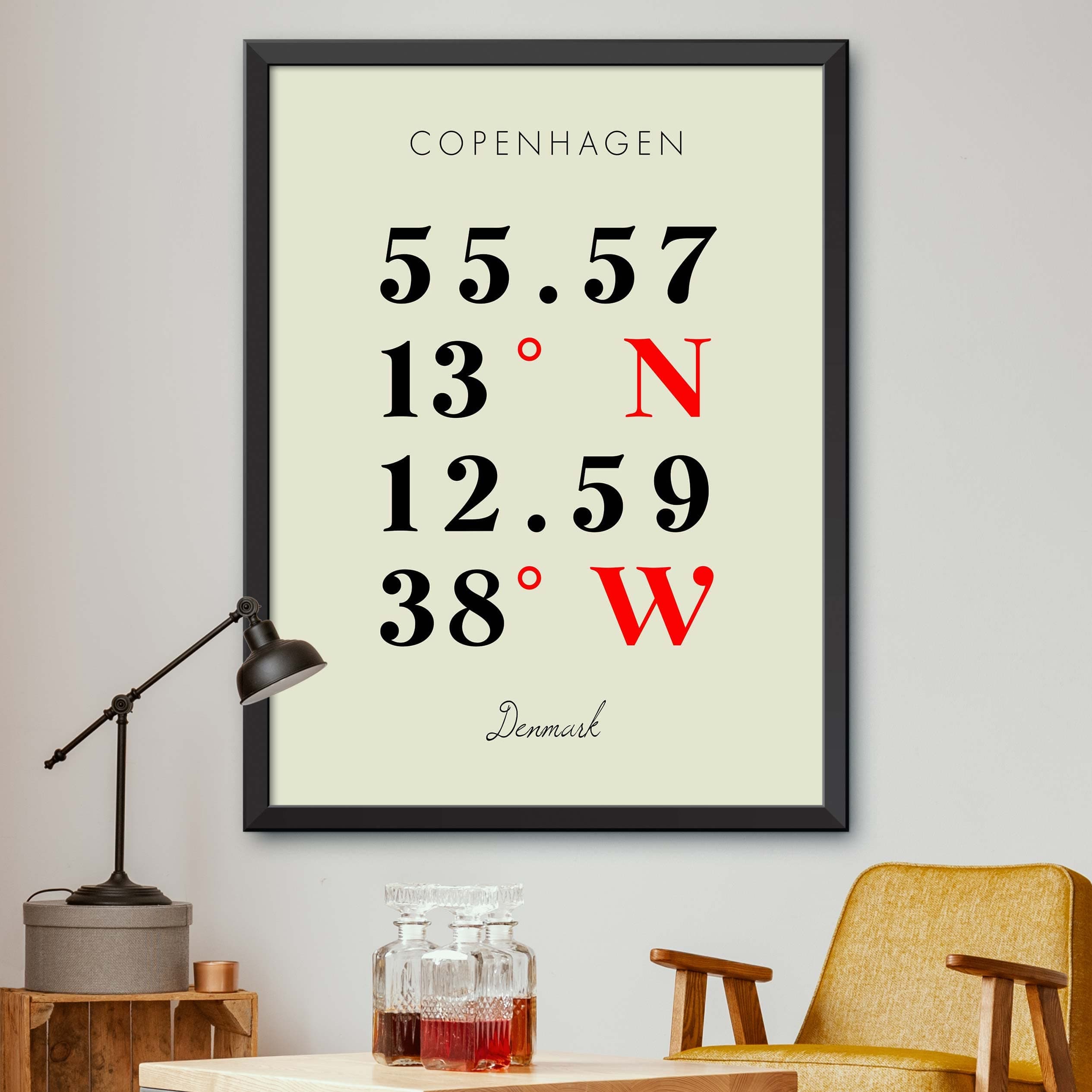 Map of Copenhagen, Denmark, Multiline Coordinates Colored (12x16)