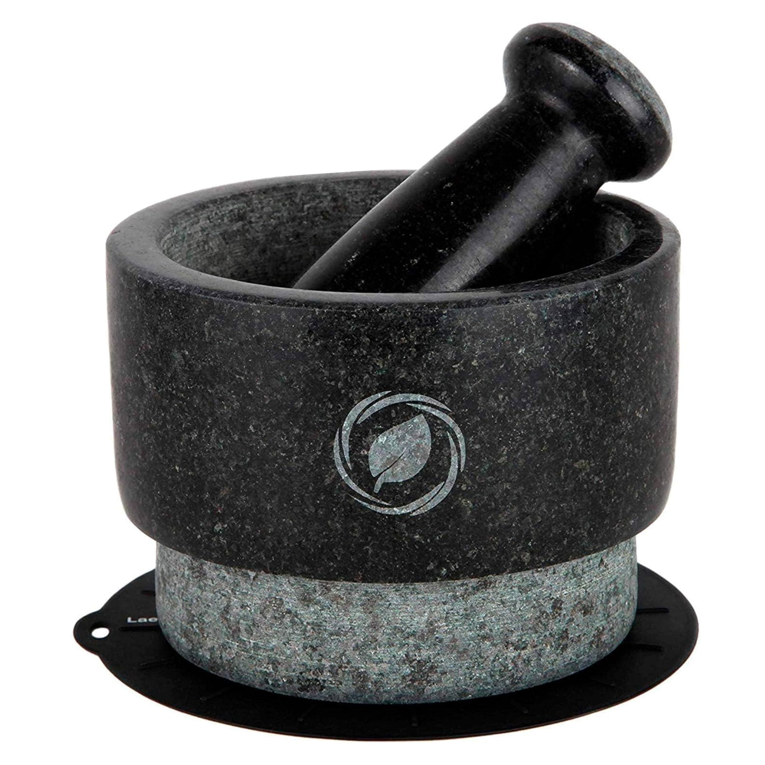 Mortar and Pestle Large Set - Black Granite Stone Spice Grinder, 2.1 Cup Capacity, 5.5 Inches - Reversible Molcajete Mexicano - Guacamole, Spices - Large Mortar and Pestles Set