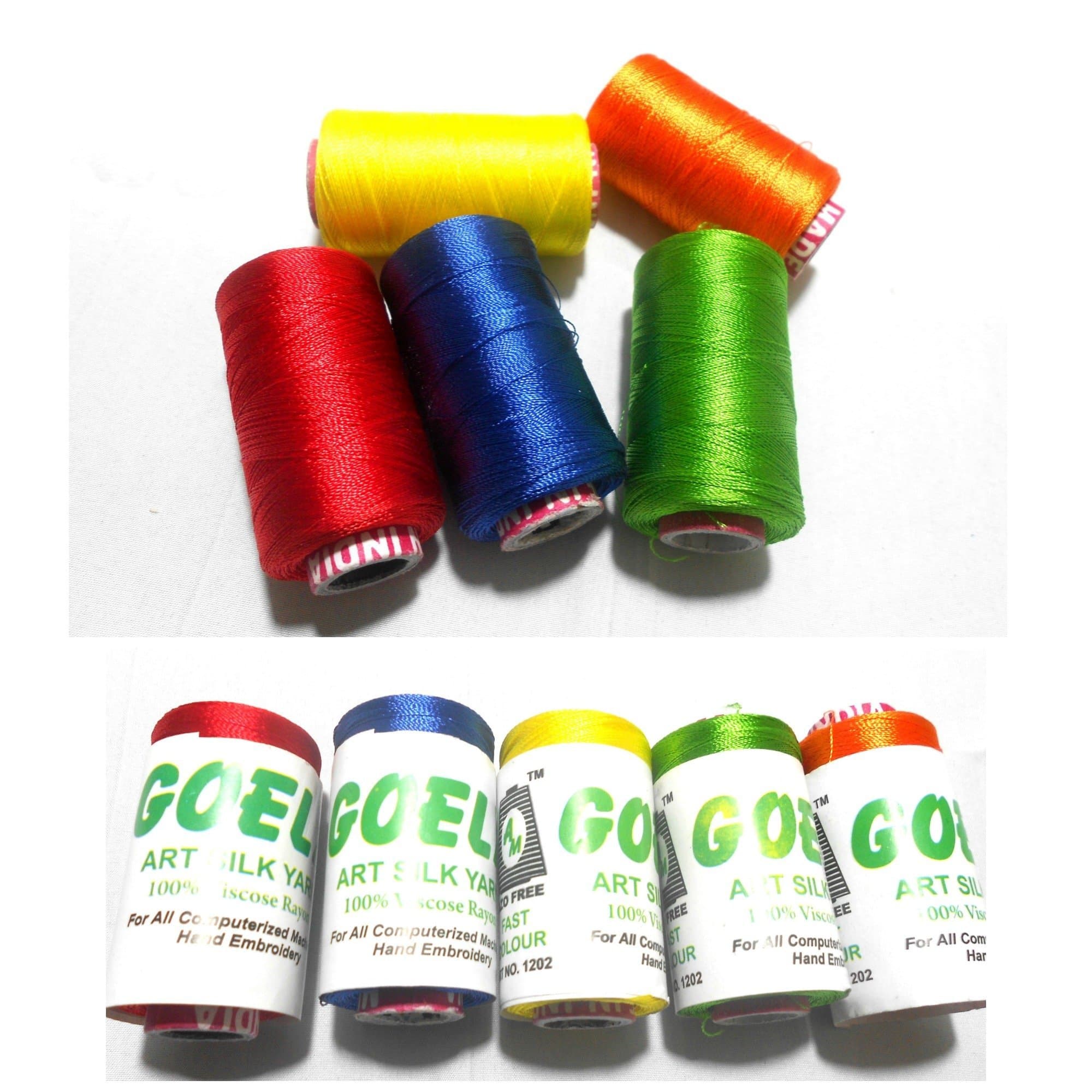 Goelx Shiny Silk Thread Bright Colors- Red, Yellow, Blue, Orange, Green Combo
