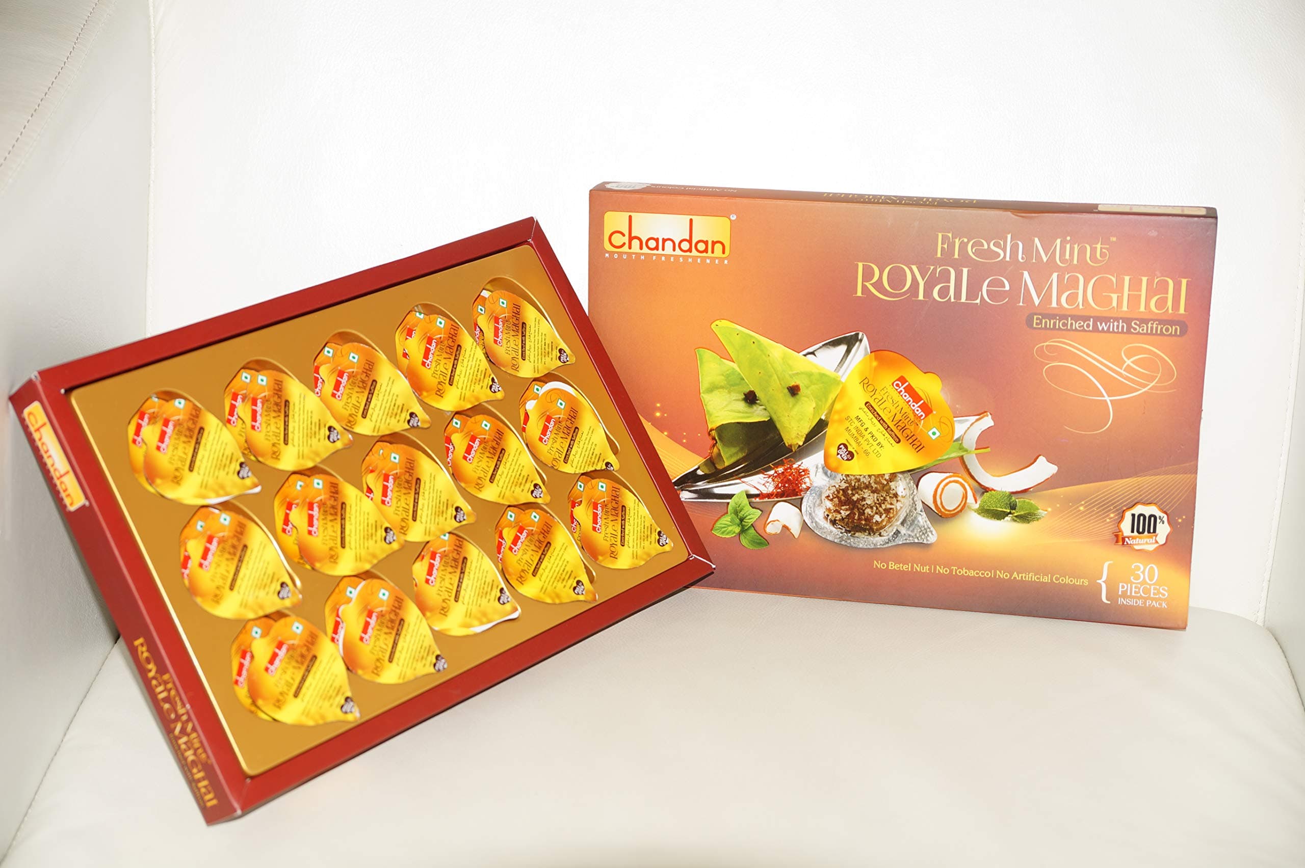 Chandan Mukhwas (Mumbai) Fresh Mint Royale Maghai, Enriched with Saffron, 100% Natural Mukhwas, After Meal Digestive Snacks, Indian Mouth Freshener - 180 grams each (Pack of 2)