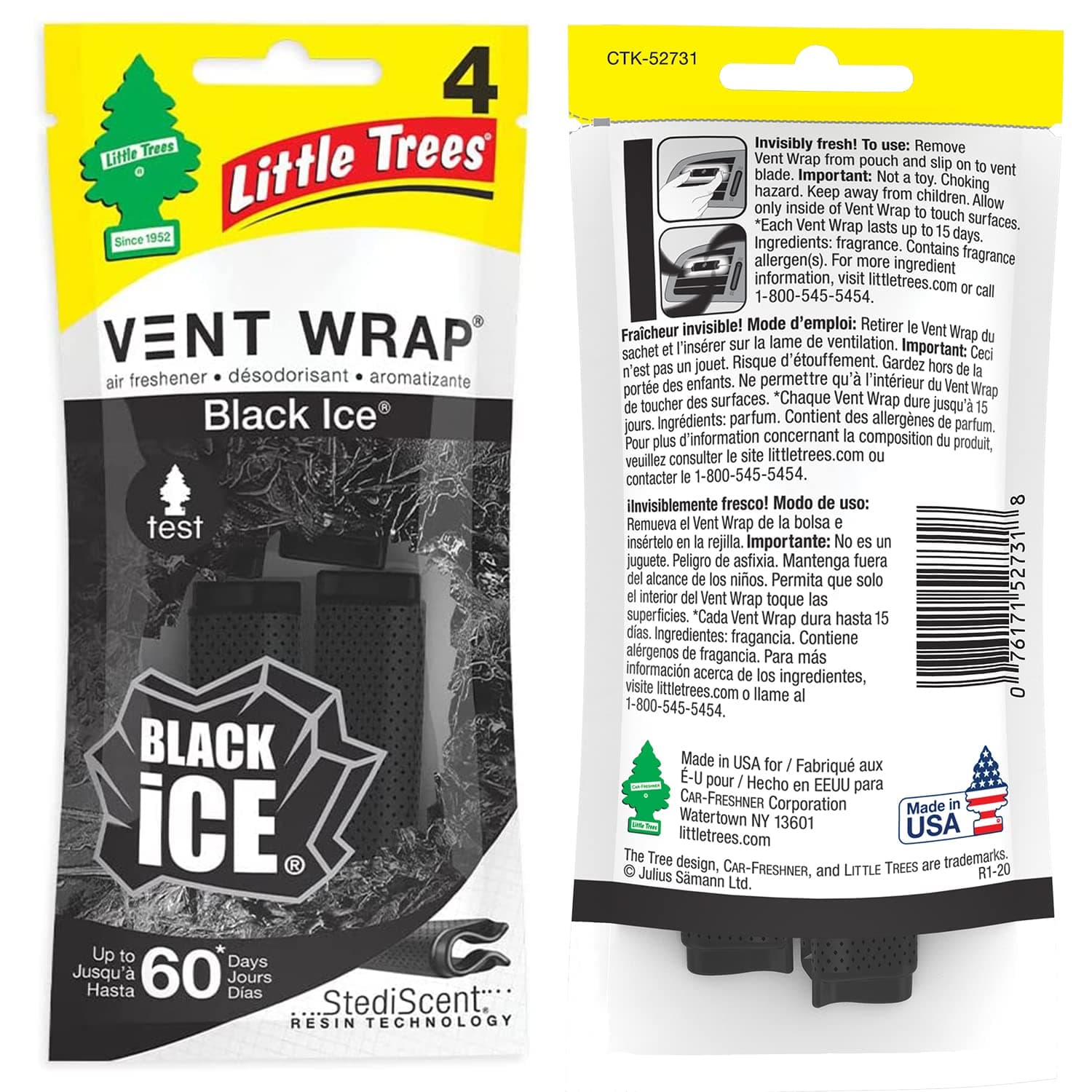 Little Trees Car Air Freshener | Vent Wrap Provides Long-Lasting Scent, Slip On Vent Blade | Black Ice, Pack of 4