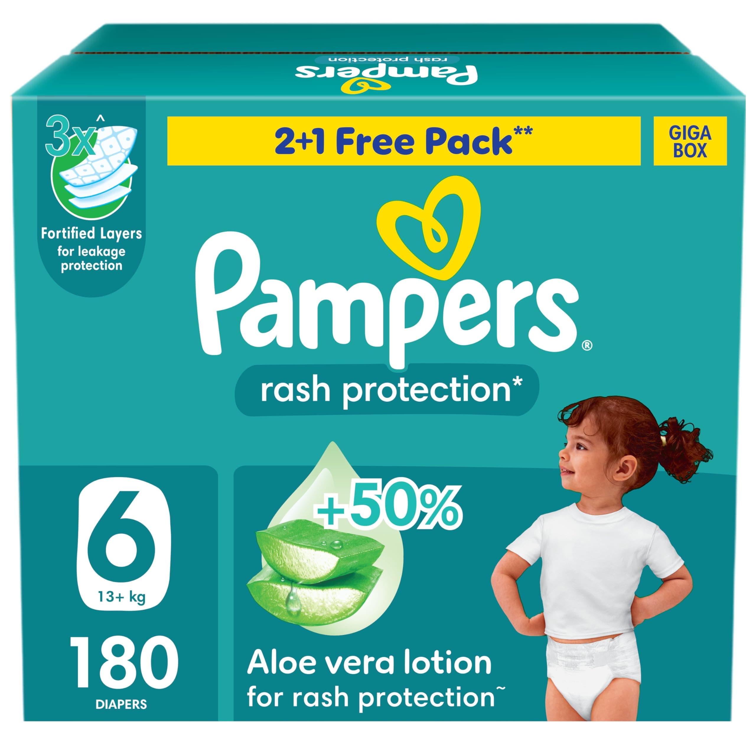 Rash Protection Taped Diapers, Size 6, 13+kg, +50% Aloe Vera Lotion for Rash Protection, 3x Fortified Layers for Leakage Protection, Giga Box, 180 Count