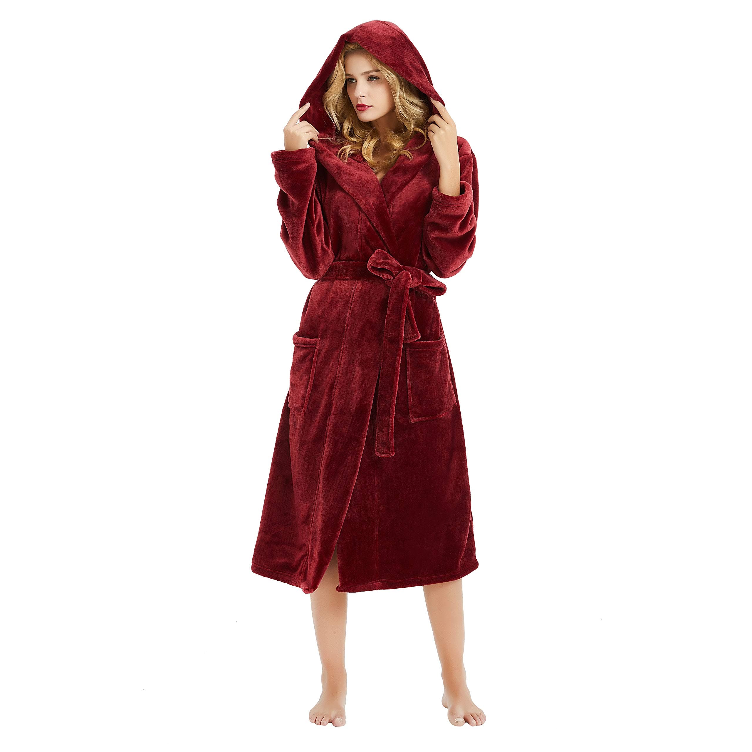 Womens Hooded Fleece Robe, Soft Bathrobe for Womens, Cute Long House Coat