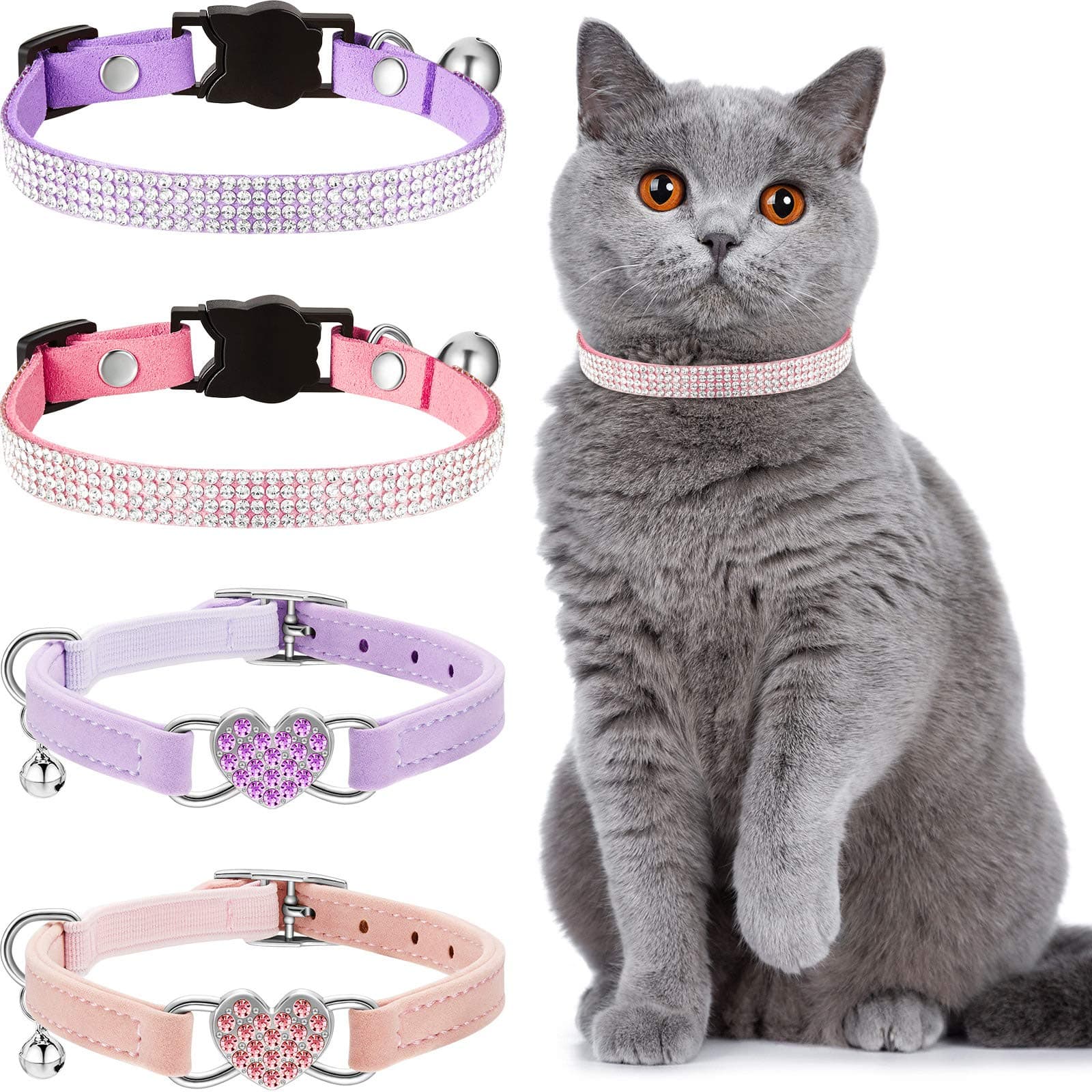 Weewooday 4 Pcs Rhinestone Cat Collar Heart Bling Breakaway Girl Cat Soft Velvet Fancy Adjustable Safety Kitten Collar with Bell for Kitty(Pink, Purple)