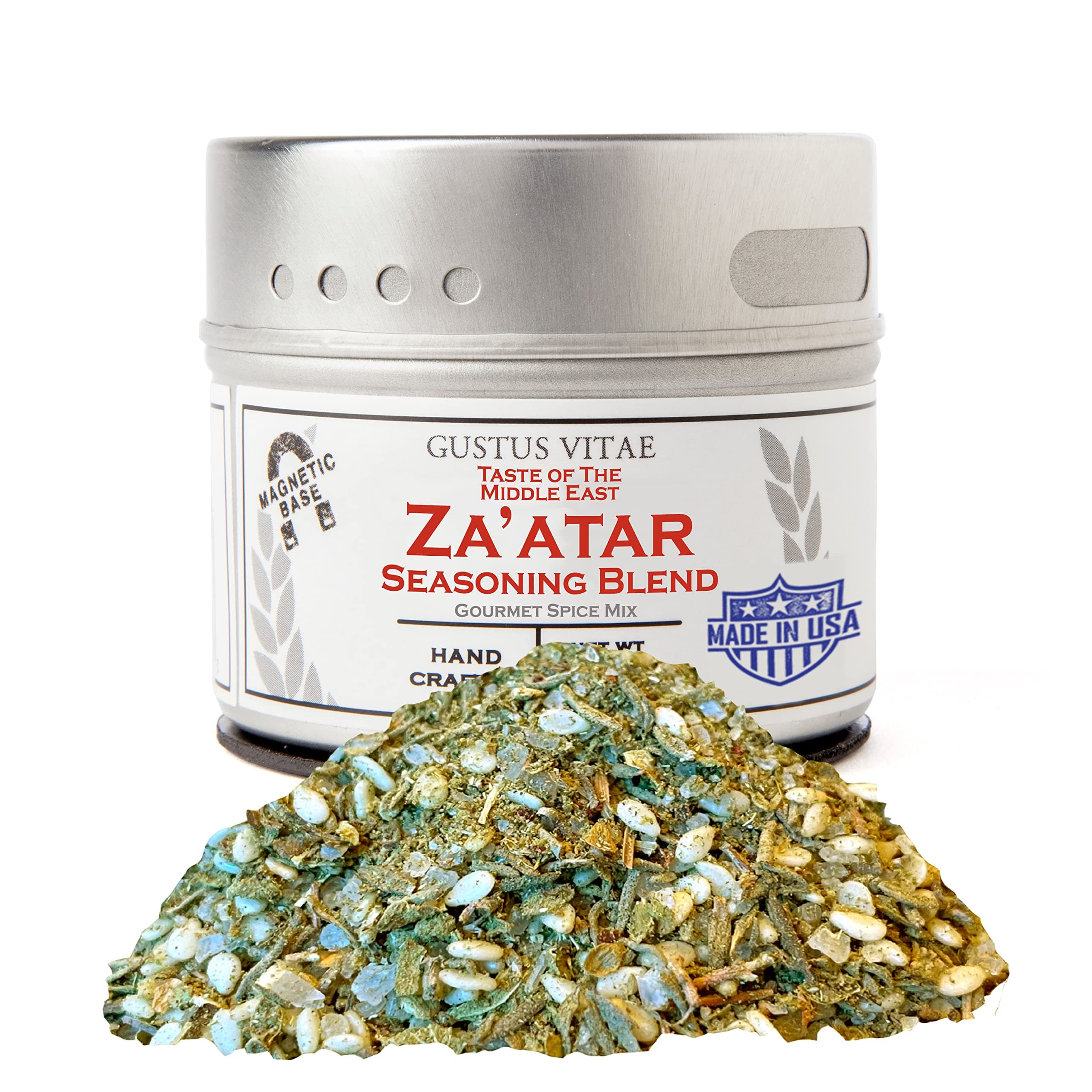 Za'atar / Zaatar/ Zatar / Zahtar | Gourmet Spice | All Natural Mix, Non GMO | Hand Made, Small Batch Spice Mix | Made in USA | Artisanal Seasoning | GLP-1 Friendly Spice | Magnetic Tin | Sustainably Sourced | Ultra Premium Seasoning | Made in USA | Gustus Vitae
