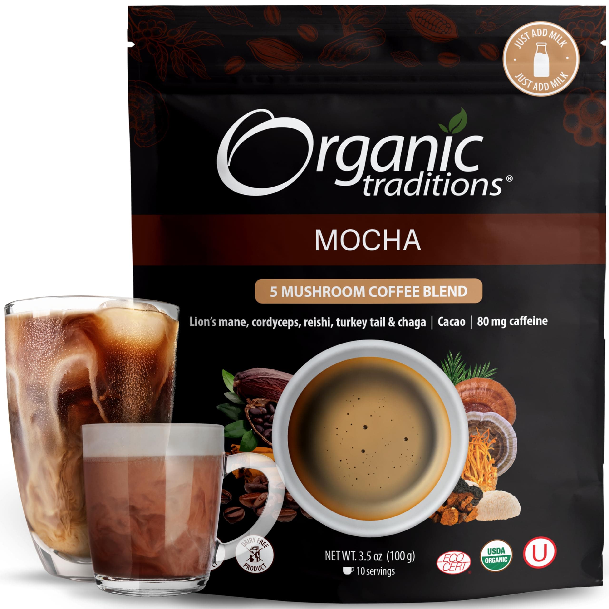 Mocha Mushroom Coffee, Instant Coffee Blend with Cacao, Lion’s Mane, Chaga, Reishi, Cordyceps, Turkey Tail, Dairy Free Adaptogenic Superfoods to Support Energy and Focus, 200g / 7oz