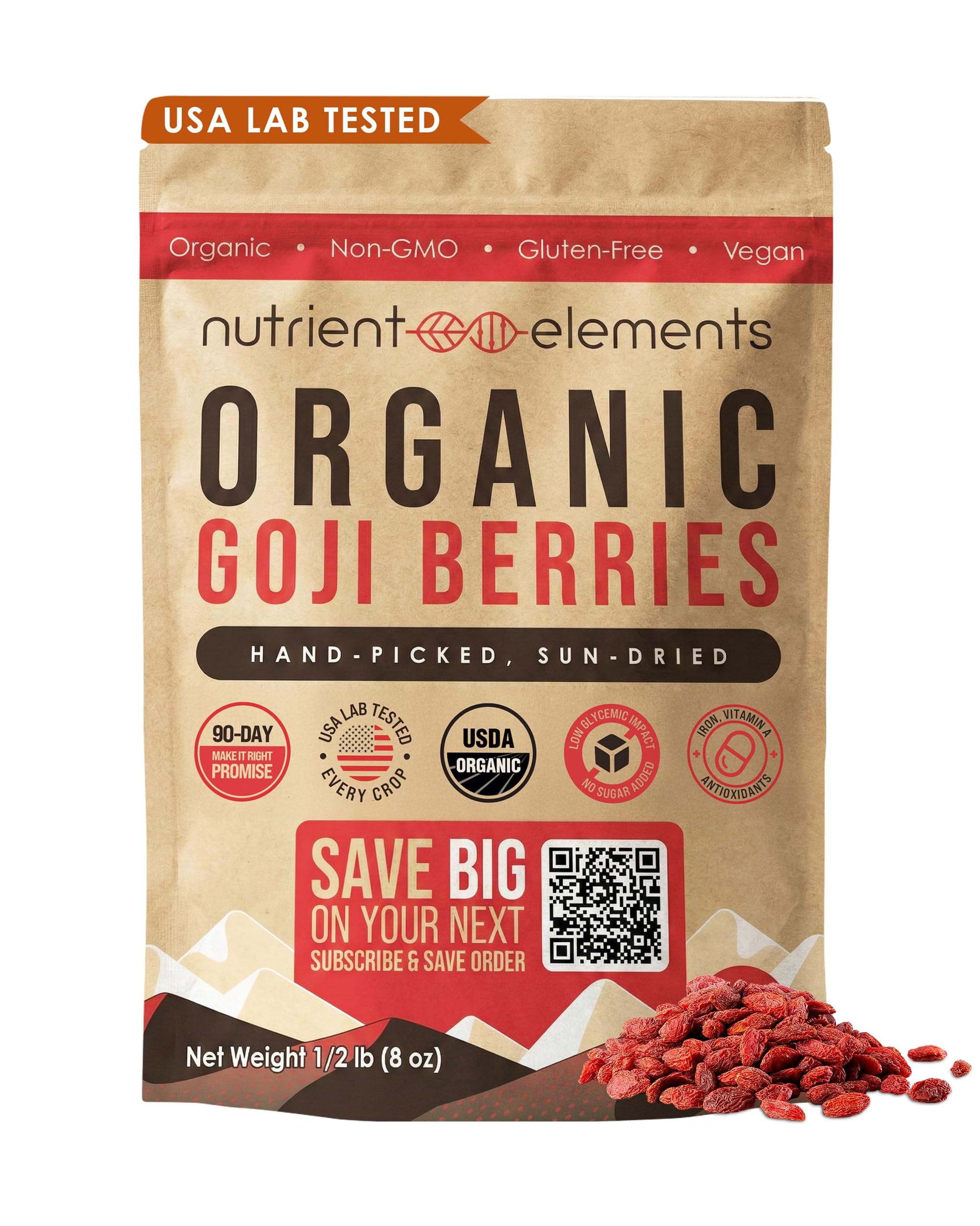 Nutrient Elements Goji Berries - 0.5 lb/8 oz. Certified USDA Organic, Raw, Sun-Dried, Hand-Picked, USA Lab Tested - Resealable Bag - Extra Large Size Berries - No Additives - Free Recipe Book