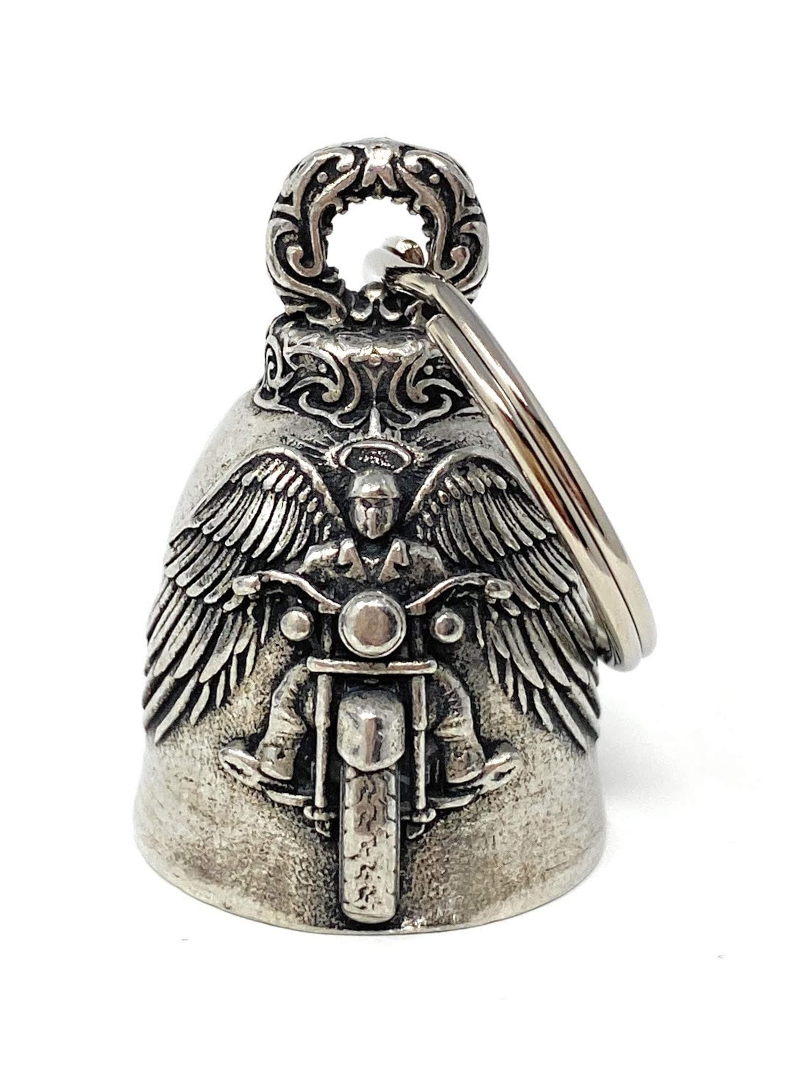 Bravo Bells Pewter Motorcycle Angel Motorcycle Biker Bell Accessory Or Key Chain For Luck, Silver