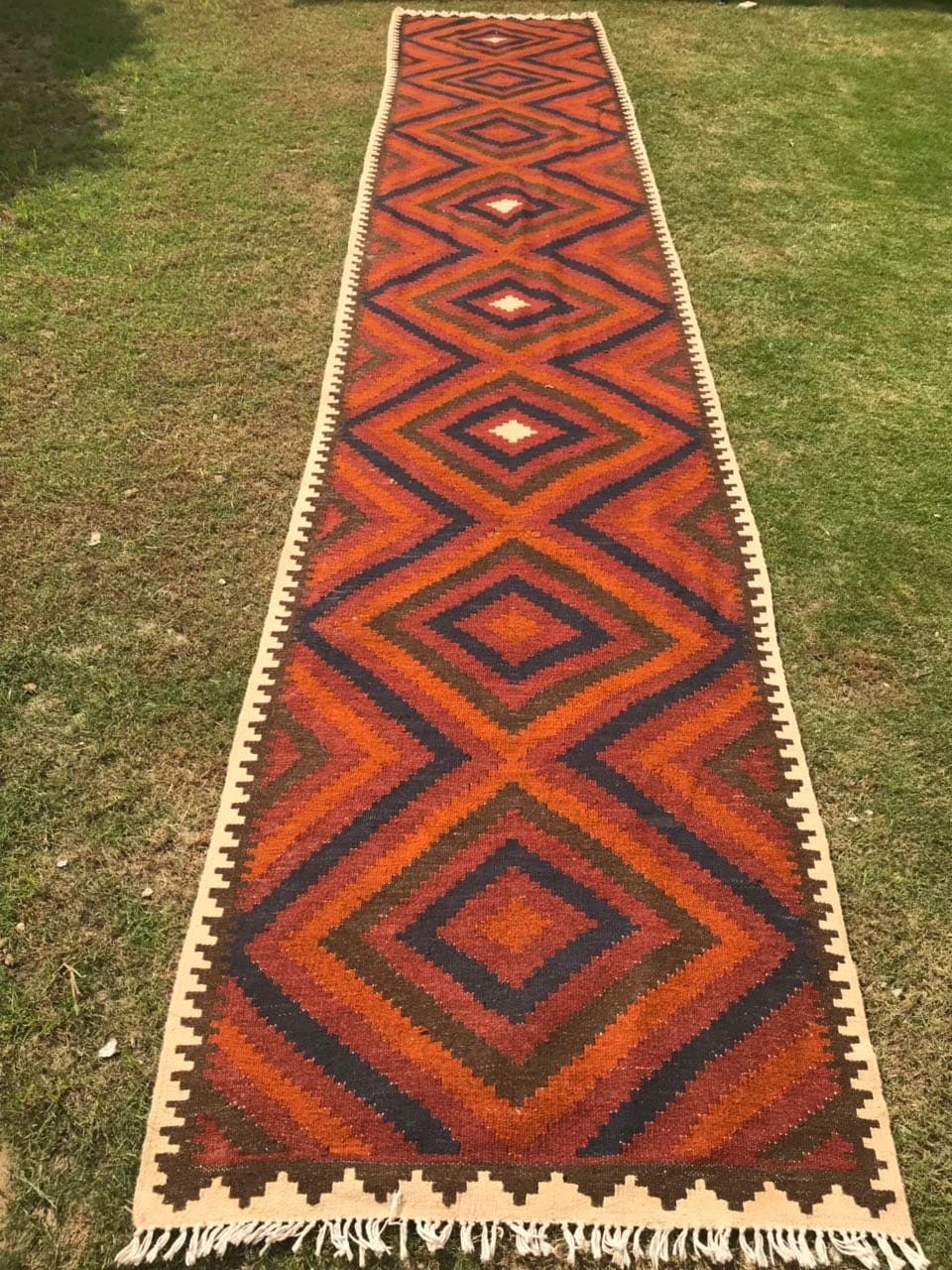 Article # 5536 RARE Size Extra Long 16.2 Feet Runner Maimana Kilim Rug Hand Woven Double Face Design 16.2 Feet x 3.0 Feet , 494 x 93 cm