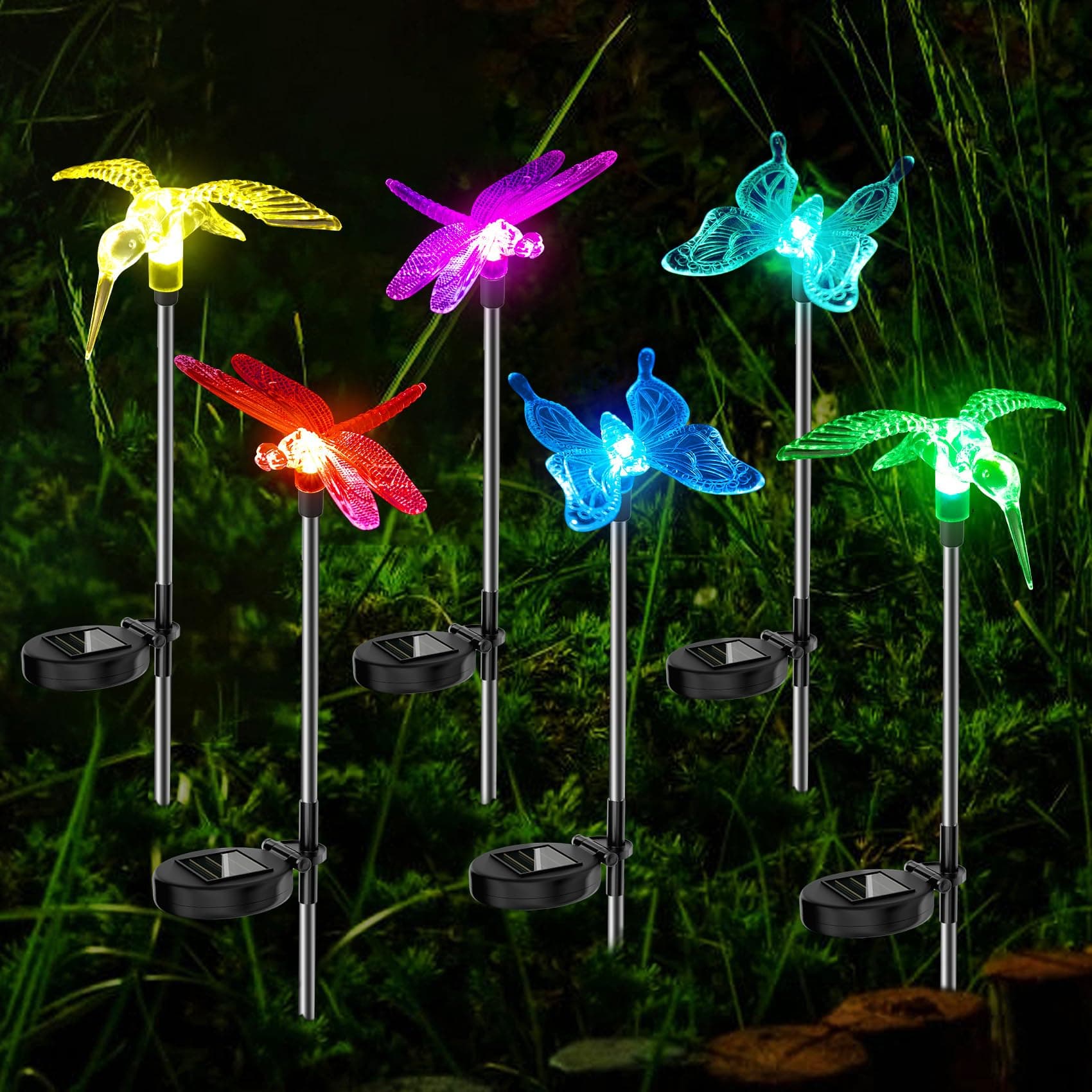 Solar Garden Lights Outdoor: 6 Waterproof PVC Insect Stake Light Heads - Changeable Color LED Lighting for Gardener Yard Decoration - Christmas Gifts for Homeowners Over 30