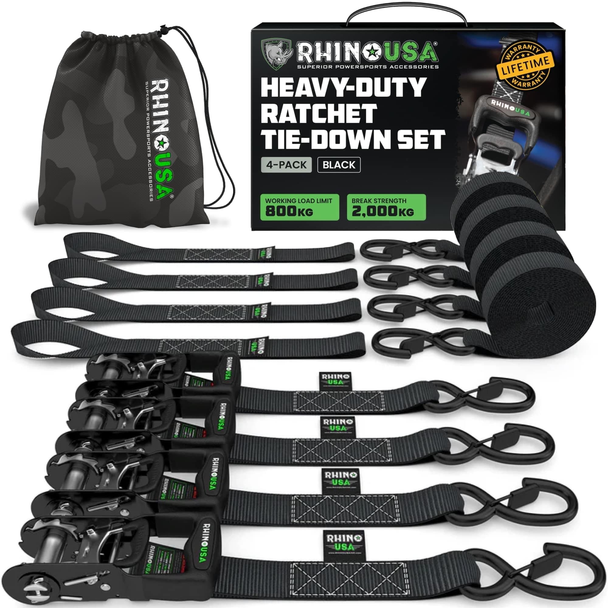 Rhino USA Ratchet Straps Heavy Duty Kit (4-Pack) - 4cm x 2.4m (2,000kg Break Strength) - Ultimate Tie Down Straps with Safety S Hooks for Trucks, ATV, UTV, Motorcycle, Cargo & More - Black