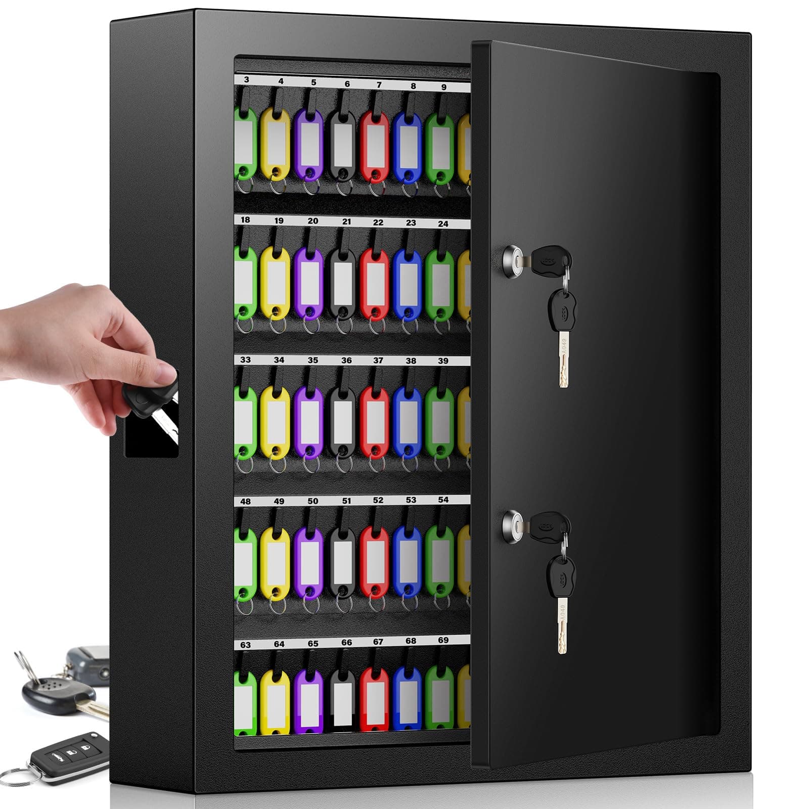 125 Keys Dual Lock Box Wall Mount, Anti-Theft Key Cabinet with Key Hooks & 125 Tags Key Labels, Steel Drop Slot Key Safe for Hotels & Office & Companies & Car Dealerships