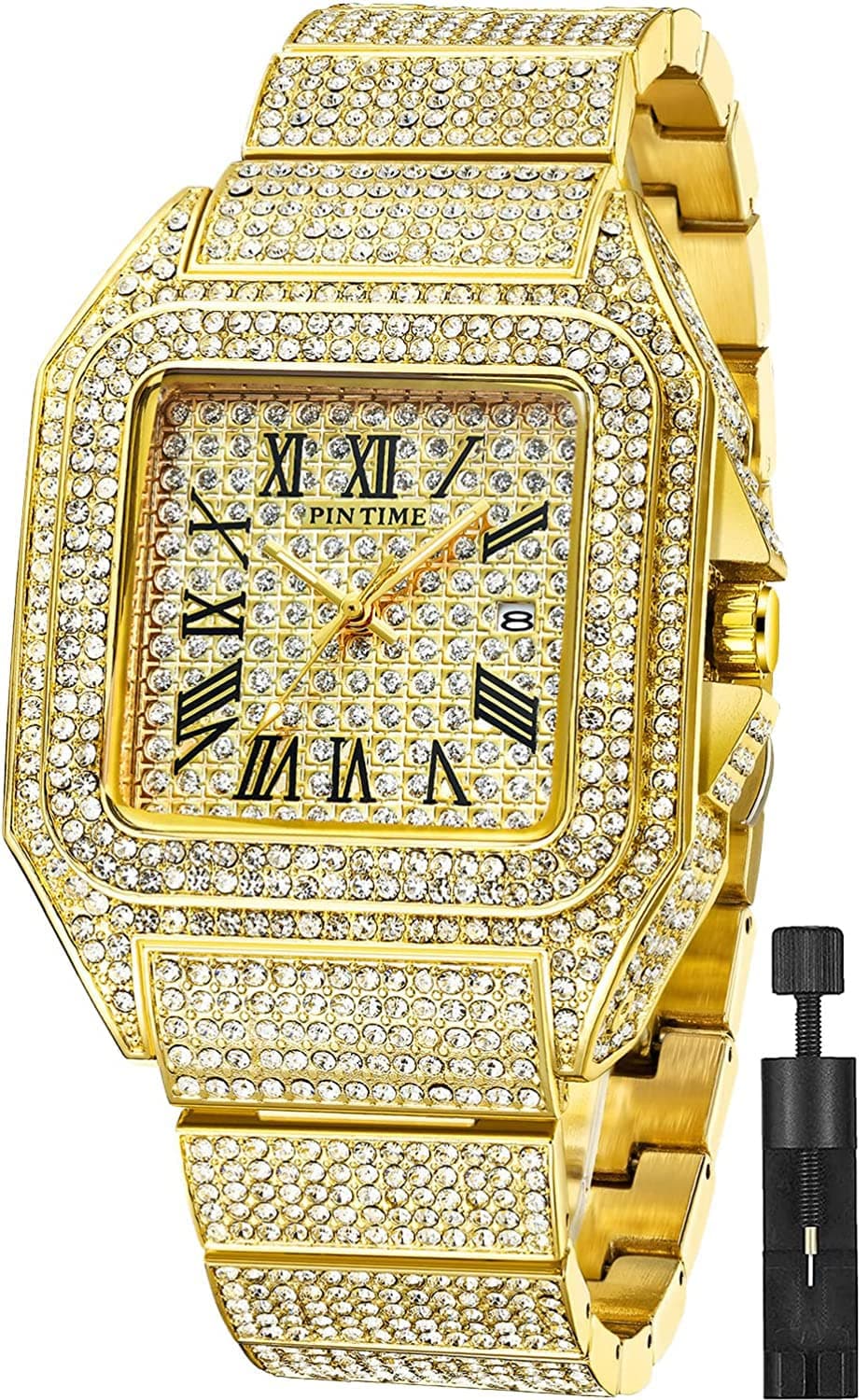 Fashion Hip Hop Men's Crystal Watch Bling Bling Watch Rectangle Case Stainless Steel Quartz Analog Bracelet Wristwatch